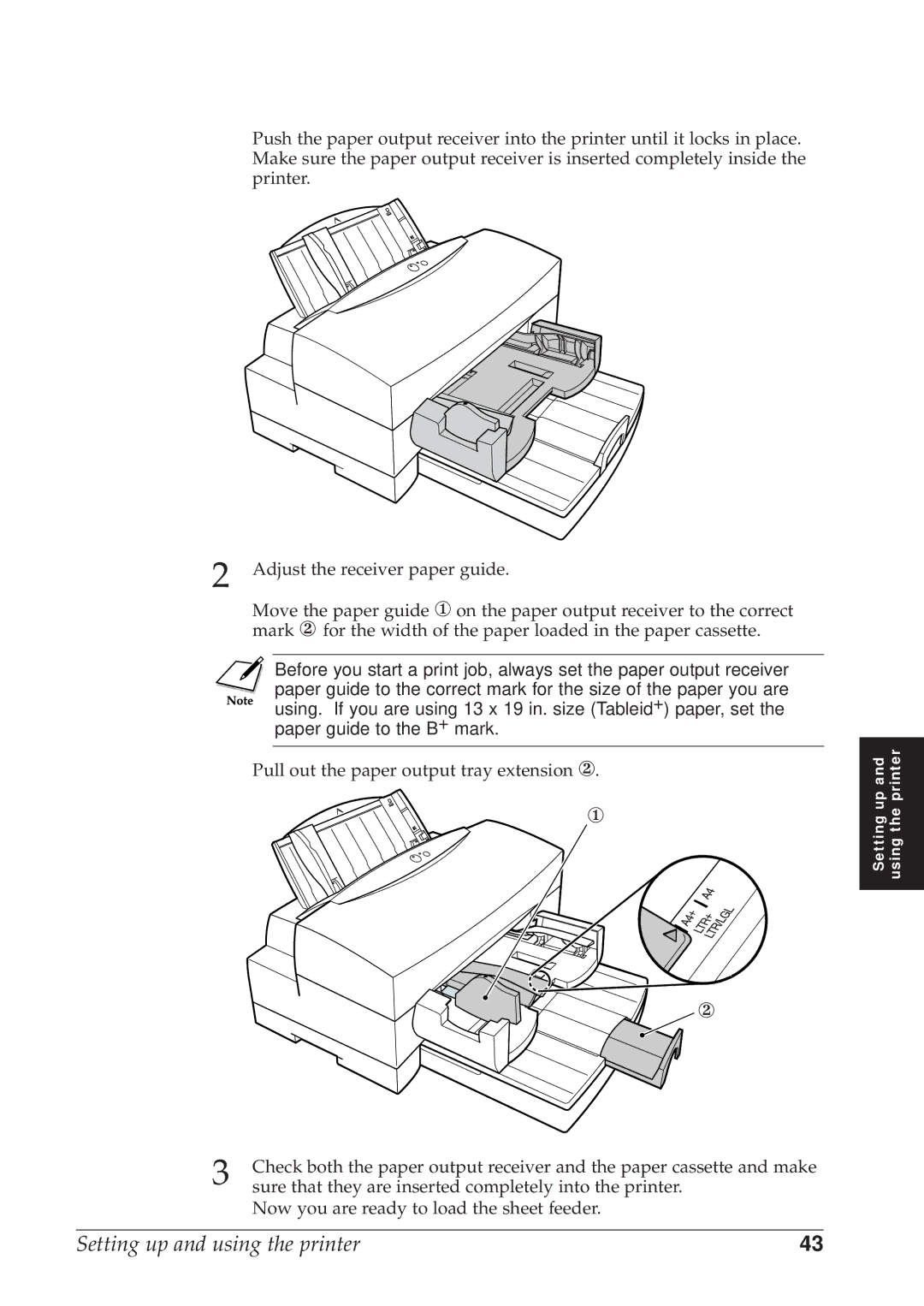 Canon BJC-8500 user manual Pull out the paper output tray extension ② 