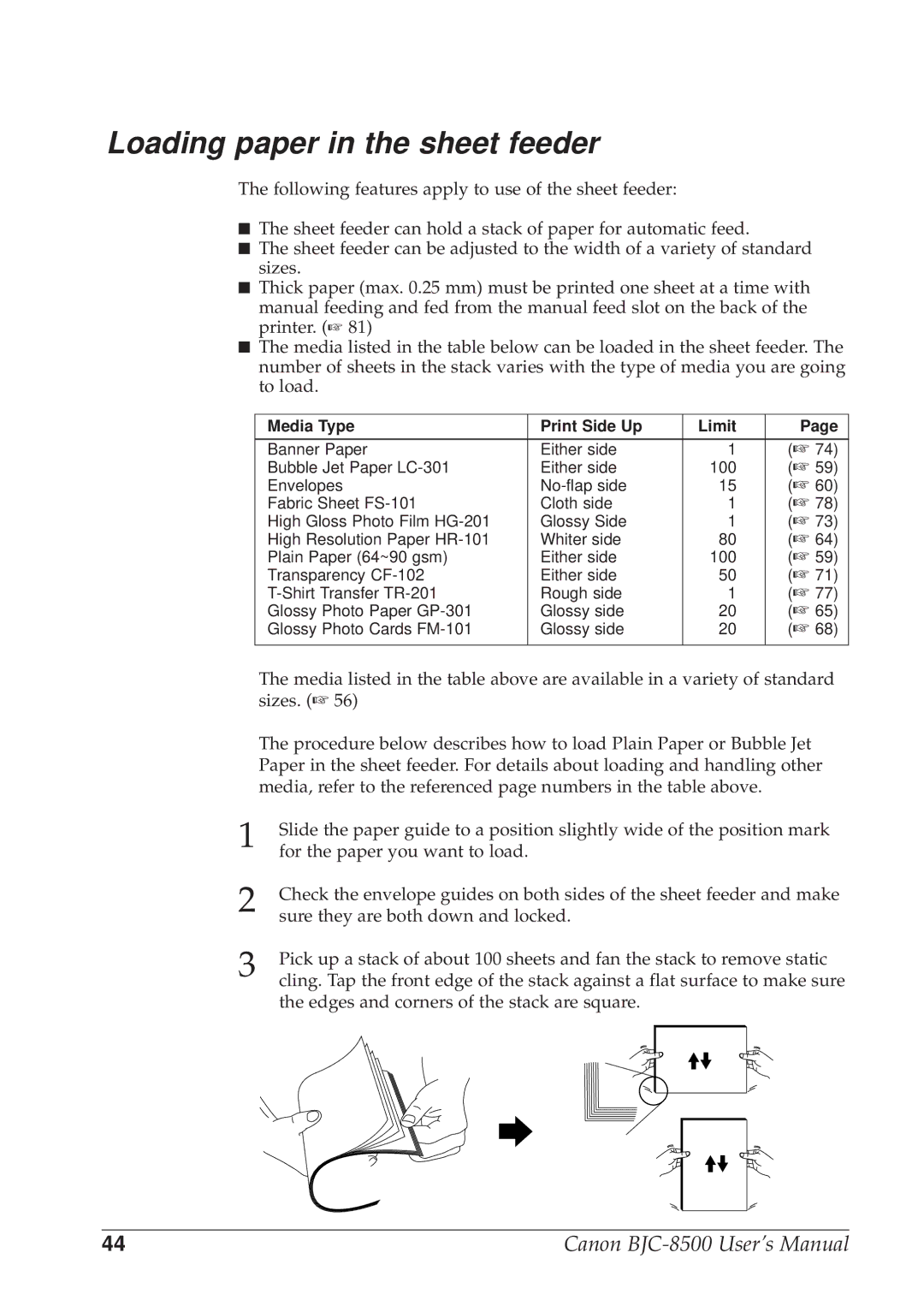 Canon BJC-8500 user manual Loading paper in the sheet feeder, Media Type Print Side Up Limit 