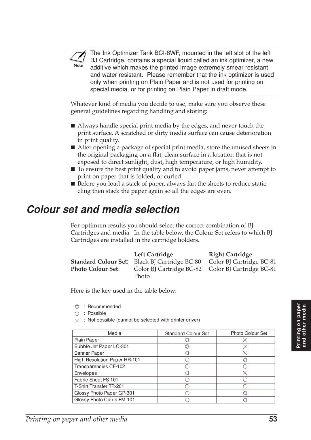 Canon BJC-8500 user manual Colour set and media selection, Left Cartridge Right Cartridge, Photo Colour Set 