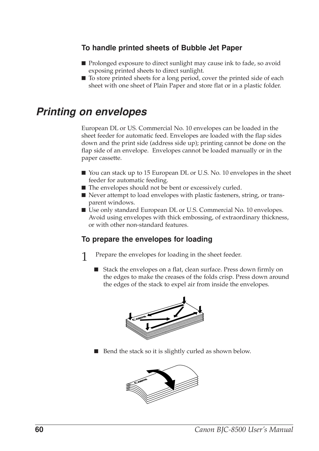 Canon BJC-8500 Printing on envelopes, To handle printed sheets of Bubble Jet Paper, To prepare the envelopes for loading 