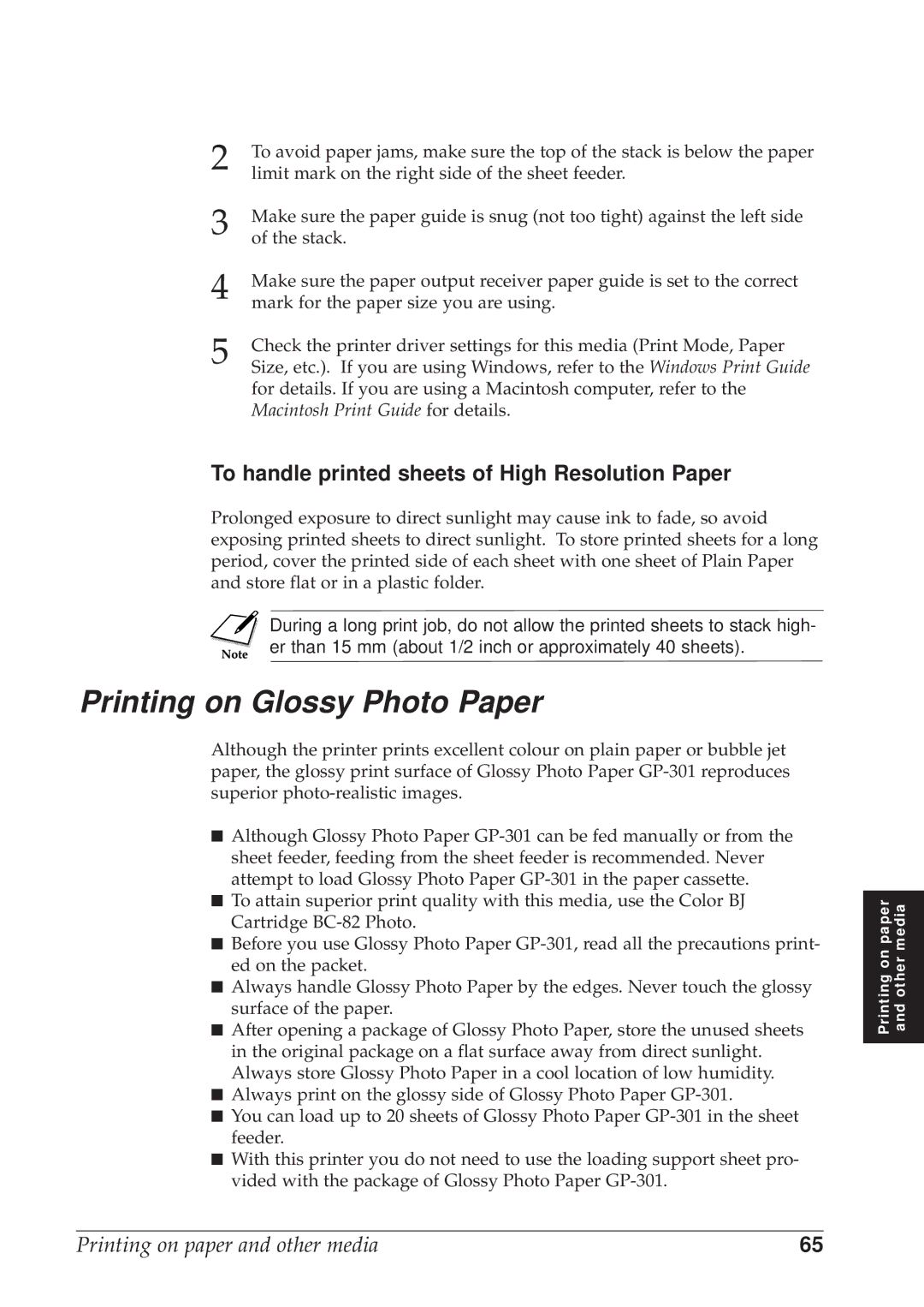 Canon BJC-8500 user manual Printing on Glossy Photo Paper, To handle printed sheets of High Resolution Paper 