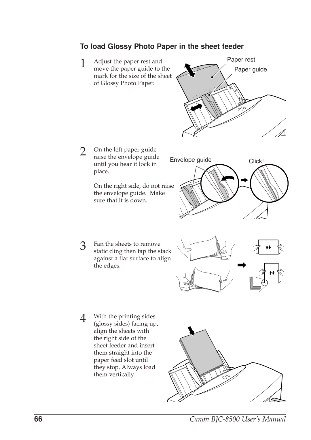 Canon BJC-8500 user manual To load Glossy Photo Paper in the sheet feeder, Paper rest Paper guide, Envelope guide Click 