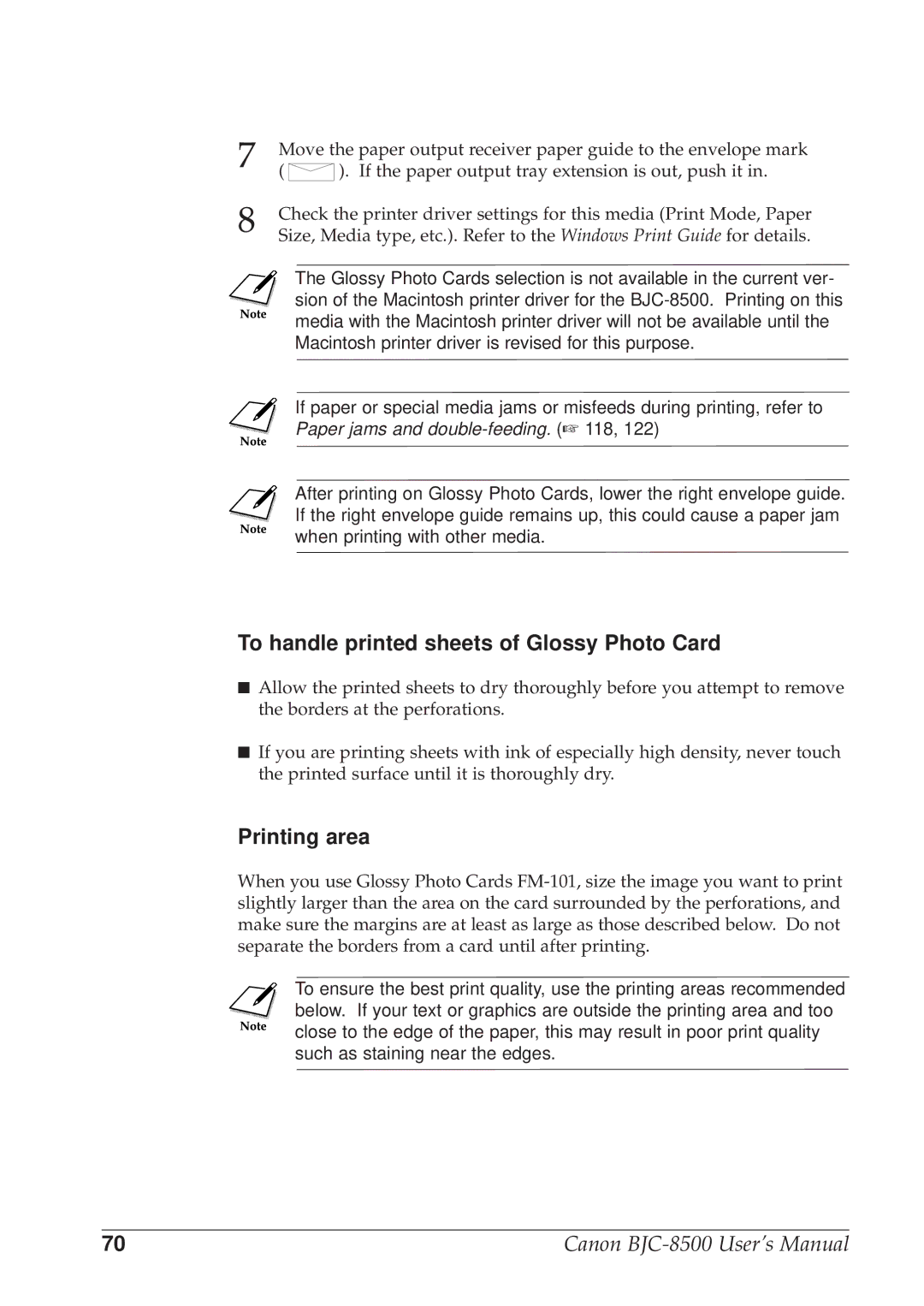 Canon BJC-8500 user manual To handle printed sheets of Glossy Photo Card, Printing area 