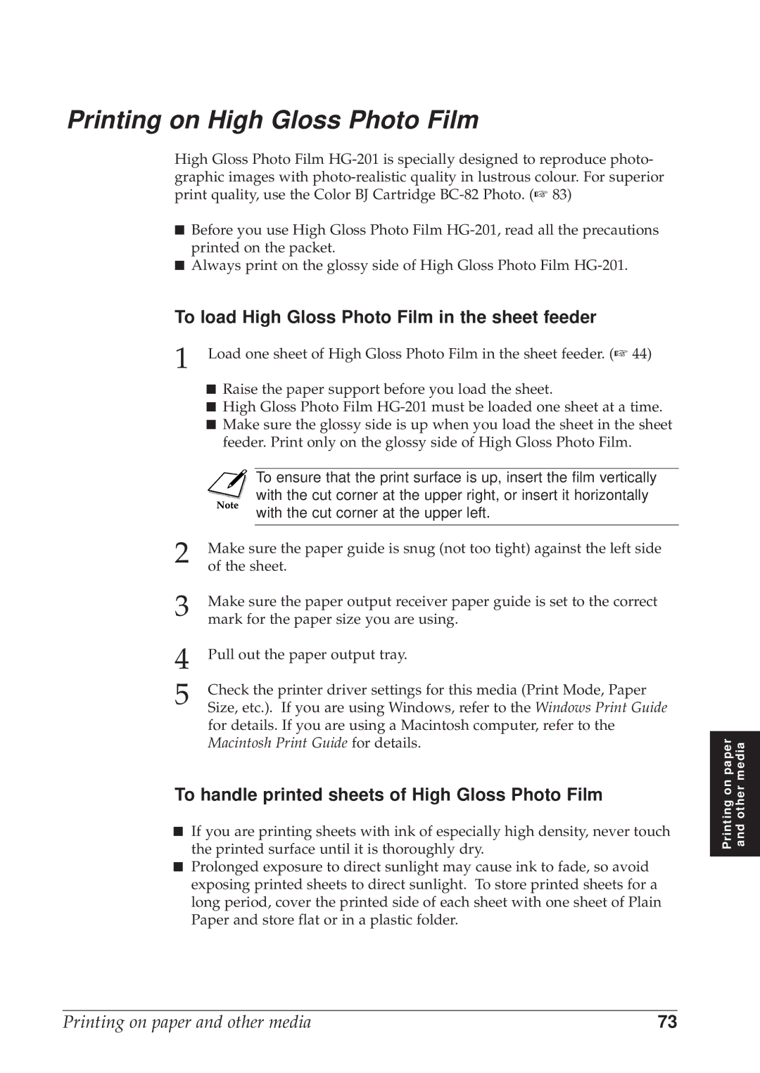 Canon BJC-8500 user manual Printing on High Gloss Photo Film, To load High Gloss Photo Film in the sheet feeder 