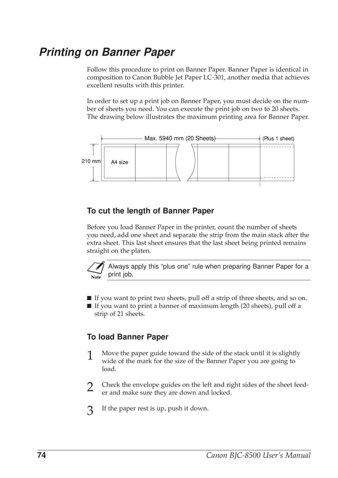 Canon BJC-8500 user manual Printing on Banner Paper, To cut the length of Banner Paper, To load Banner Paper 