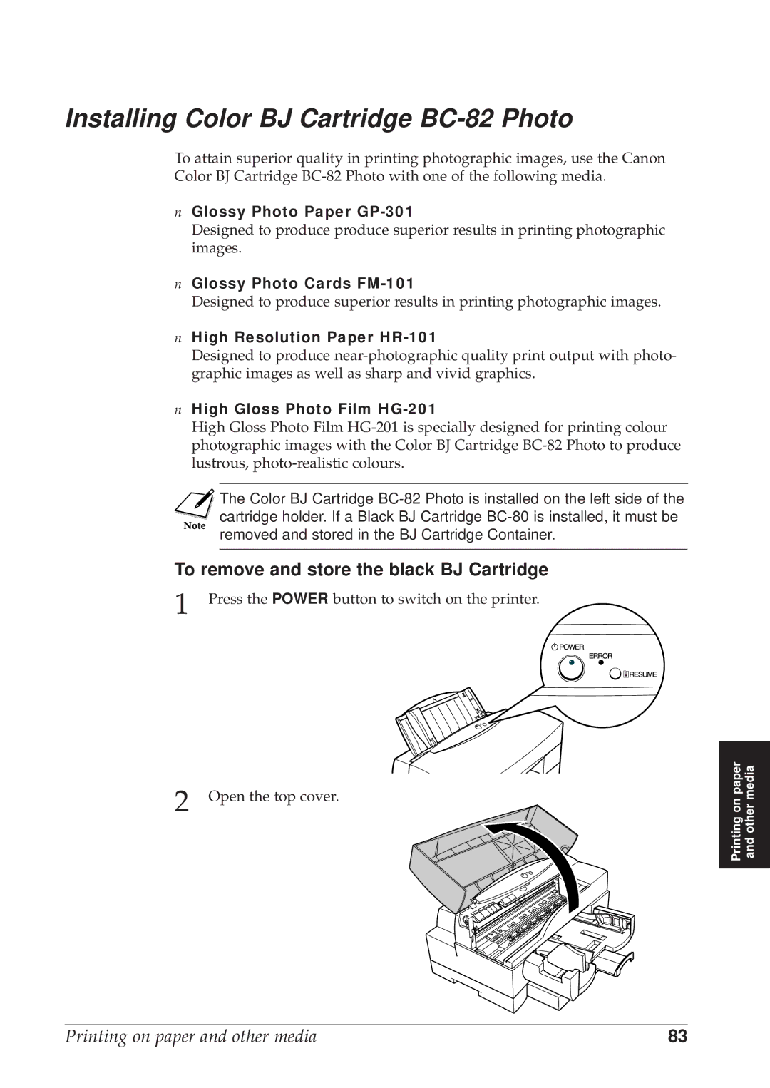 Canon BJC-8500 user manual Installing Color BJ Cartridge BC-82 Photo, To remove and store the black BJ Cartridge 