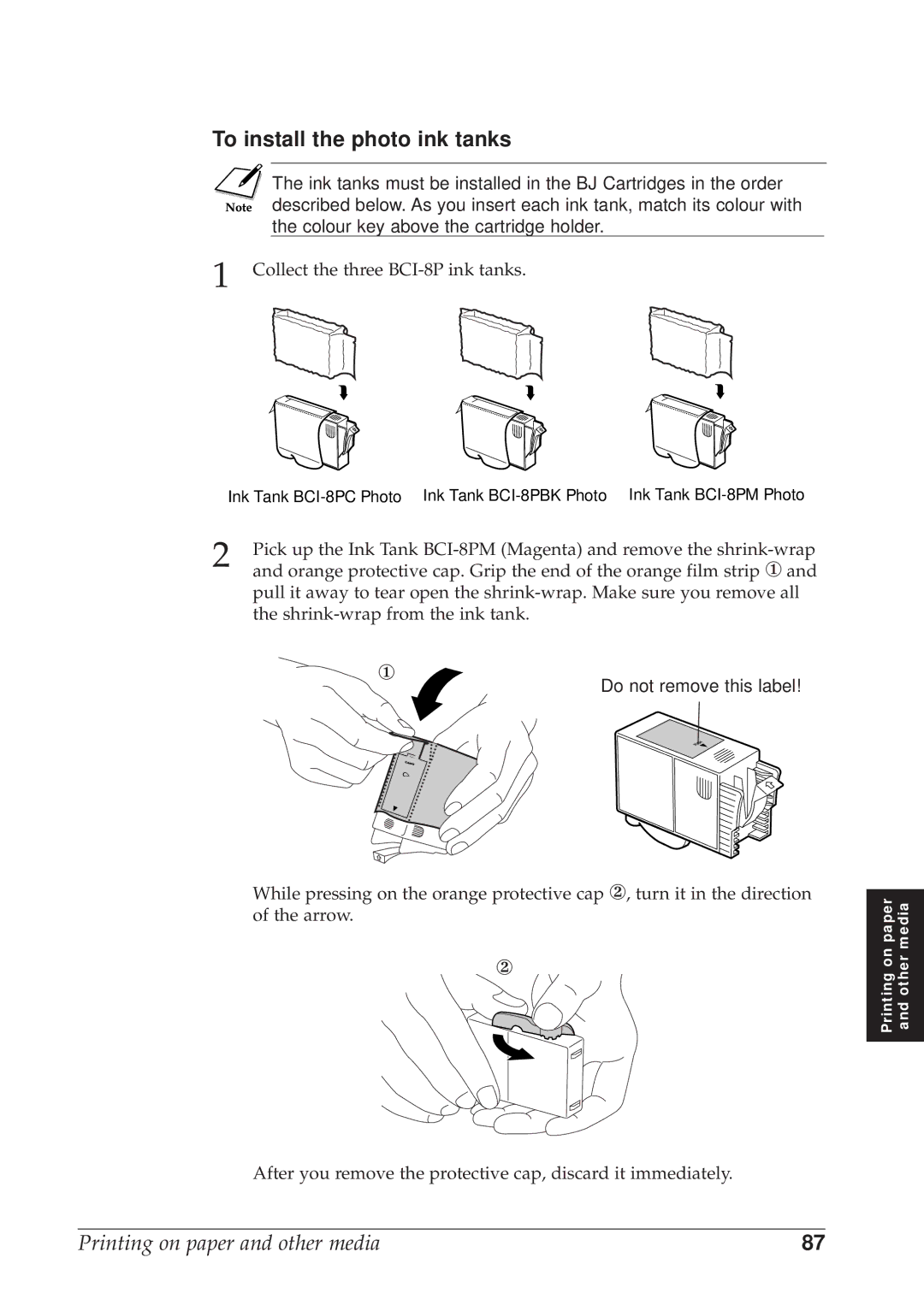 Canon BJC-8500 user manual To install the photo ink tanks, Do not remove this label 