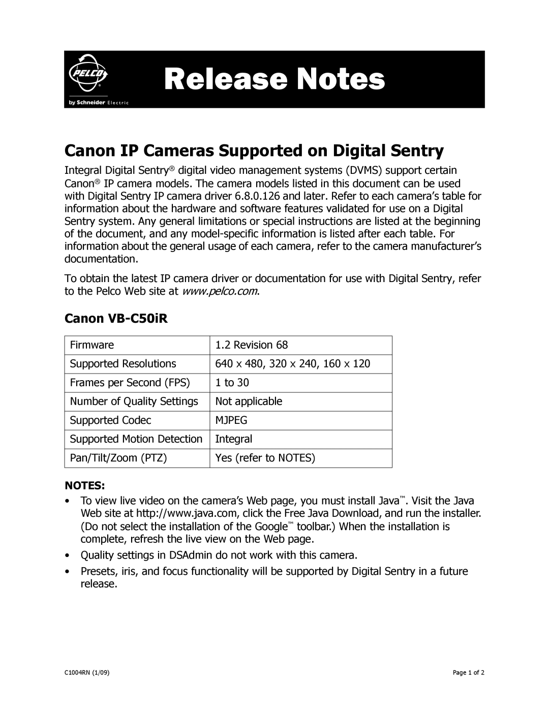 Canon C1004RN manual Release Notes, Canon IP Cameras Supported on Digital Sentry, Canon VB-C50iR, Mjpeg 