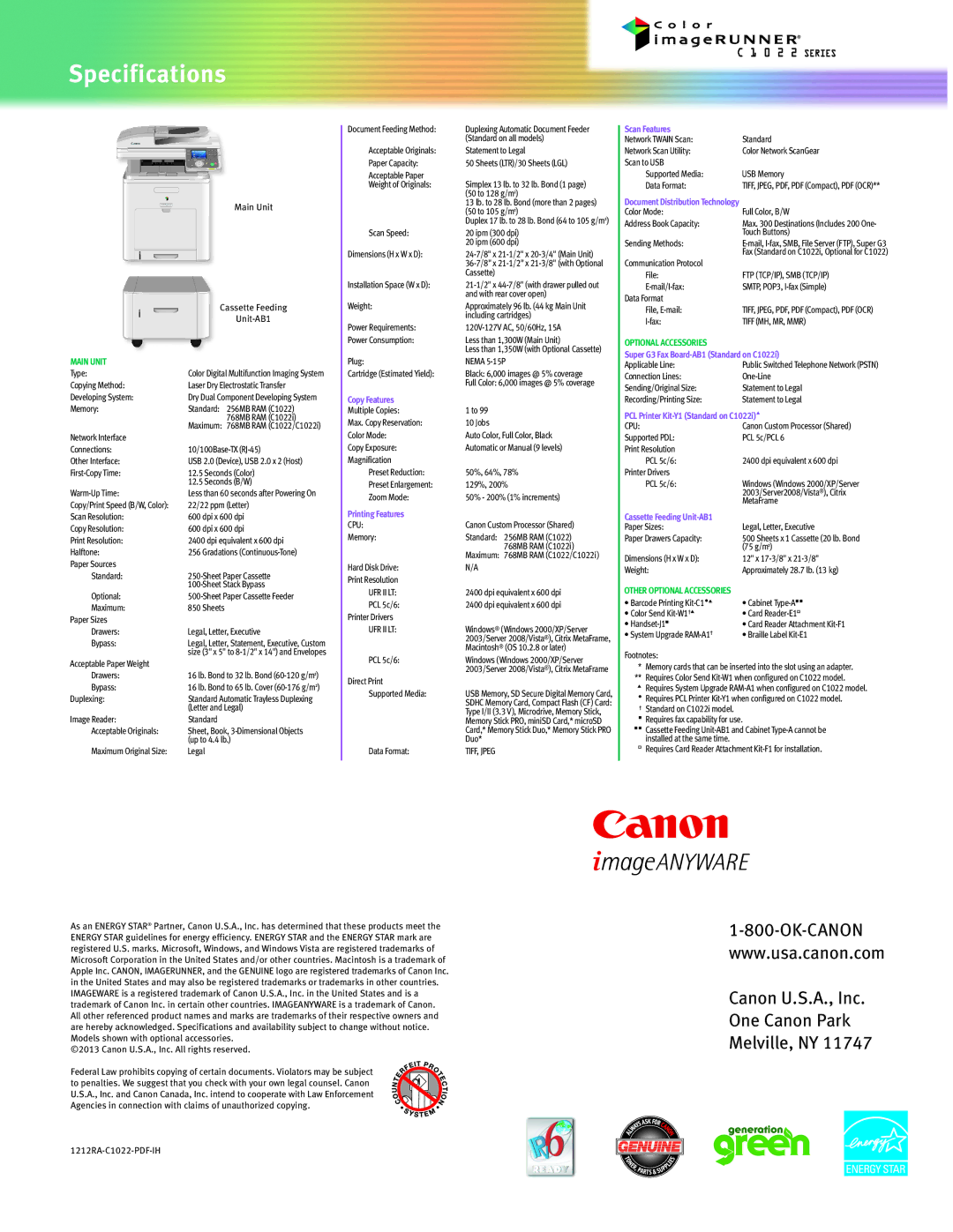 Canon C1022 manual Specifications, Main Unit 