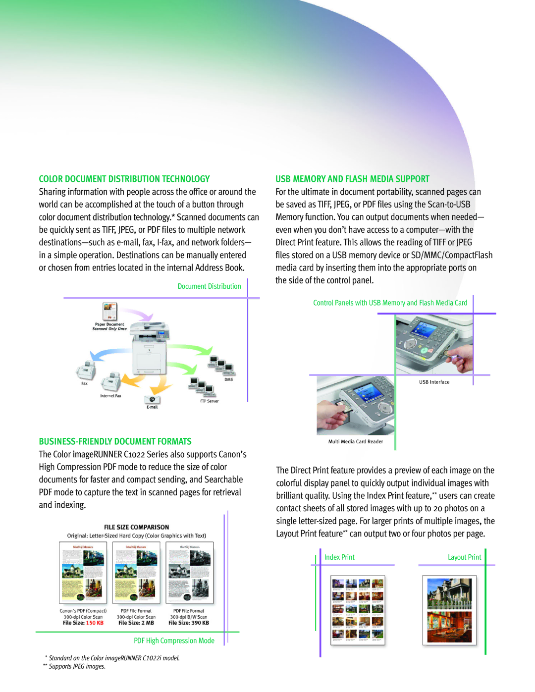 Canon C1022 manual BUSINESS-FRIENDLY Document Formats, USB Memory and Flash Media Support 