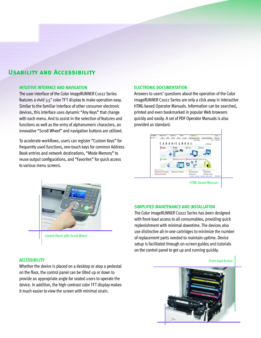 Canon C1022 manual Usability and Accessibility, Intuitive Interface and Navigation, Electronic Documentation 