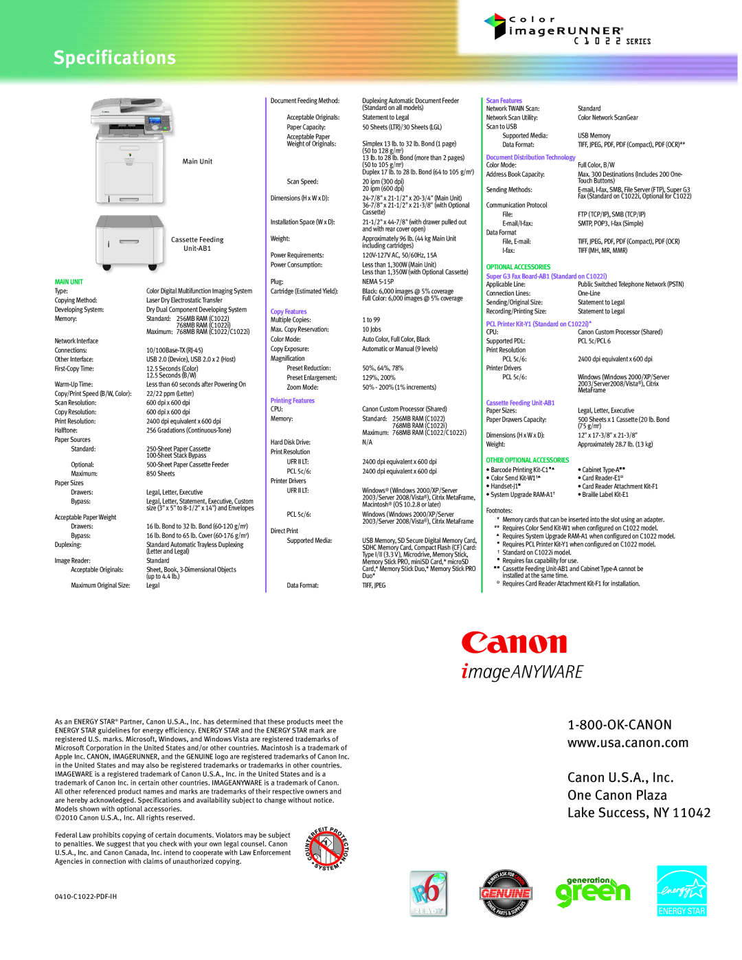 Canon C1022 manual Specifications, Main Unit 