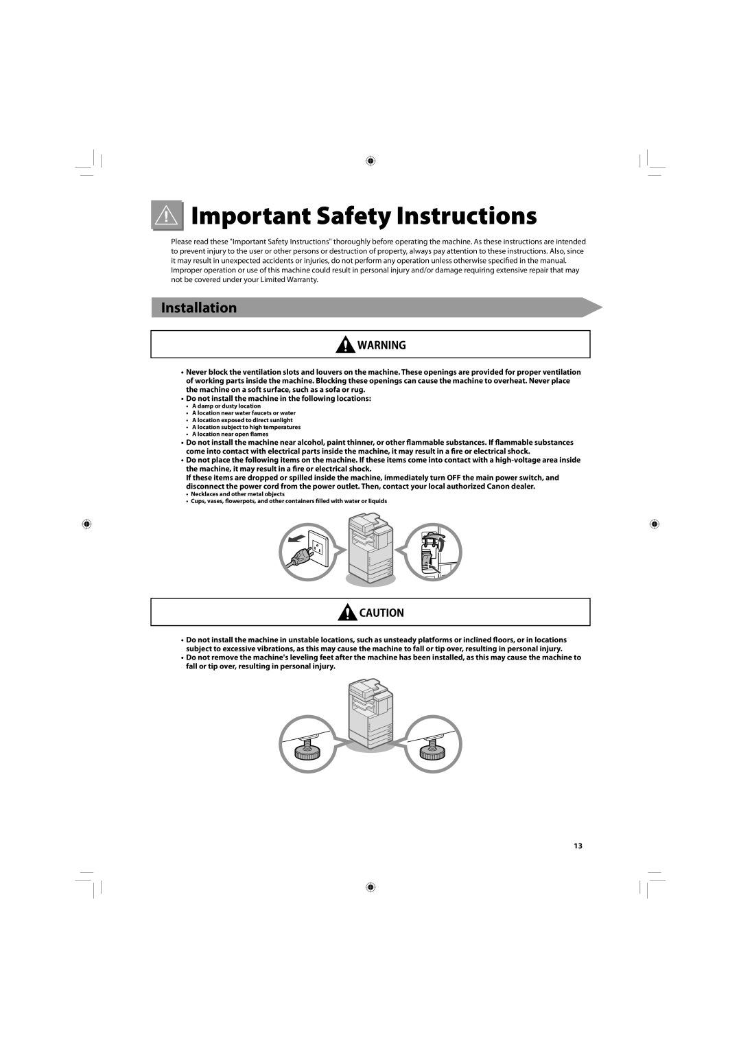 Canon C2030, C2020 manual Important Safety Instructions, Installation 