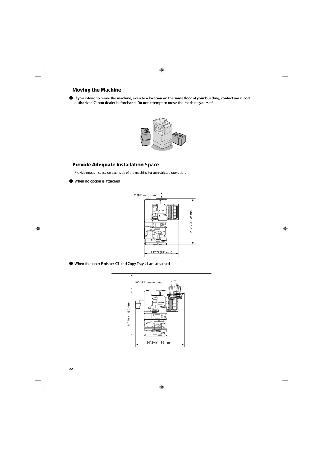 Canon C2020, C2030 manual When no option is attached, When the Inner Finisher-C1 and Copy Tray-J1 are attached 