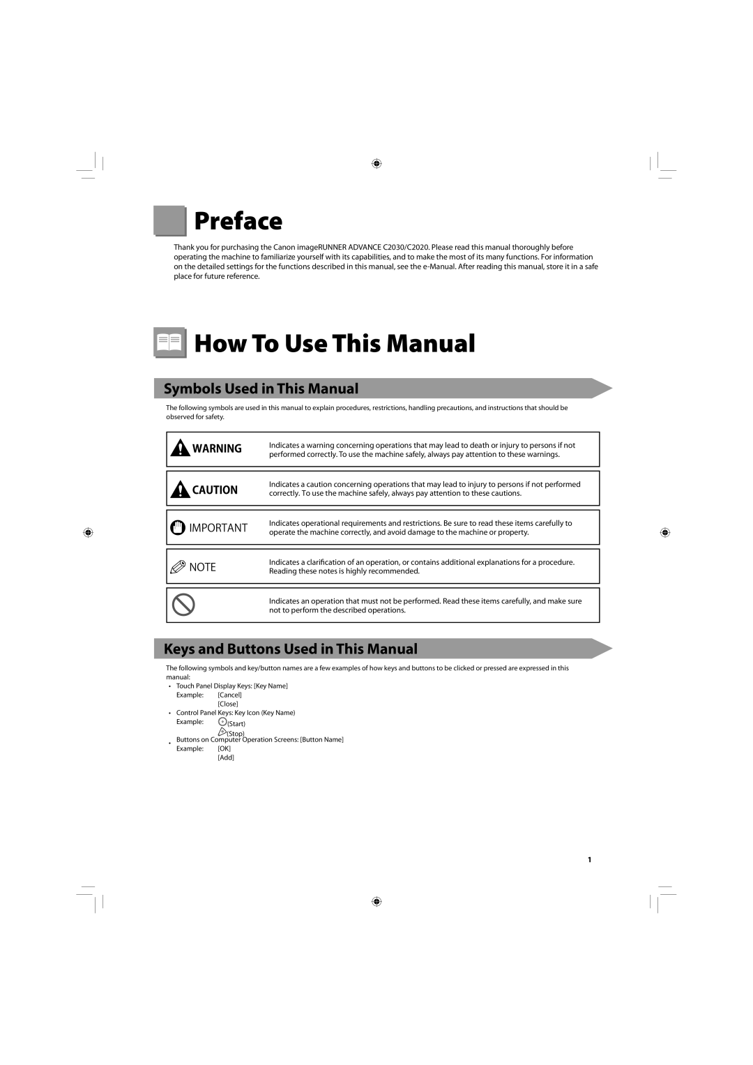 Canon C2030, C2020 manual Preface, How To Use This Manual, Symbols Used in This Manual, Keys and Buttons Used in This Manual 