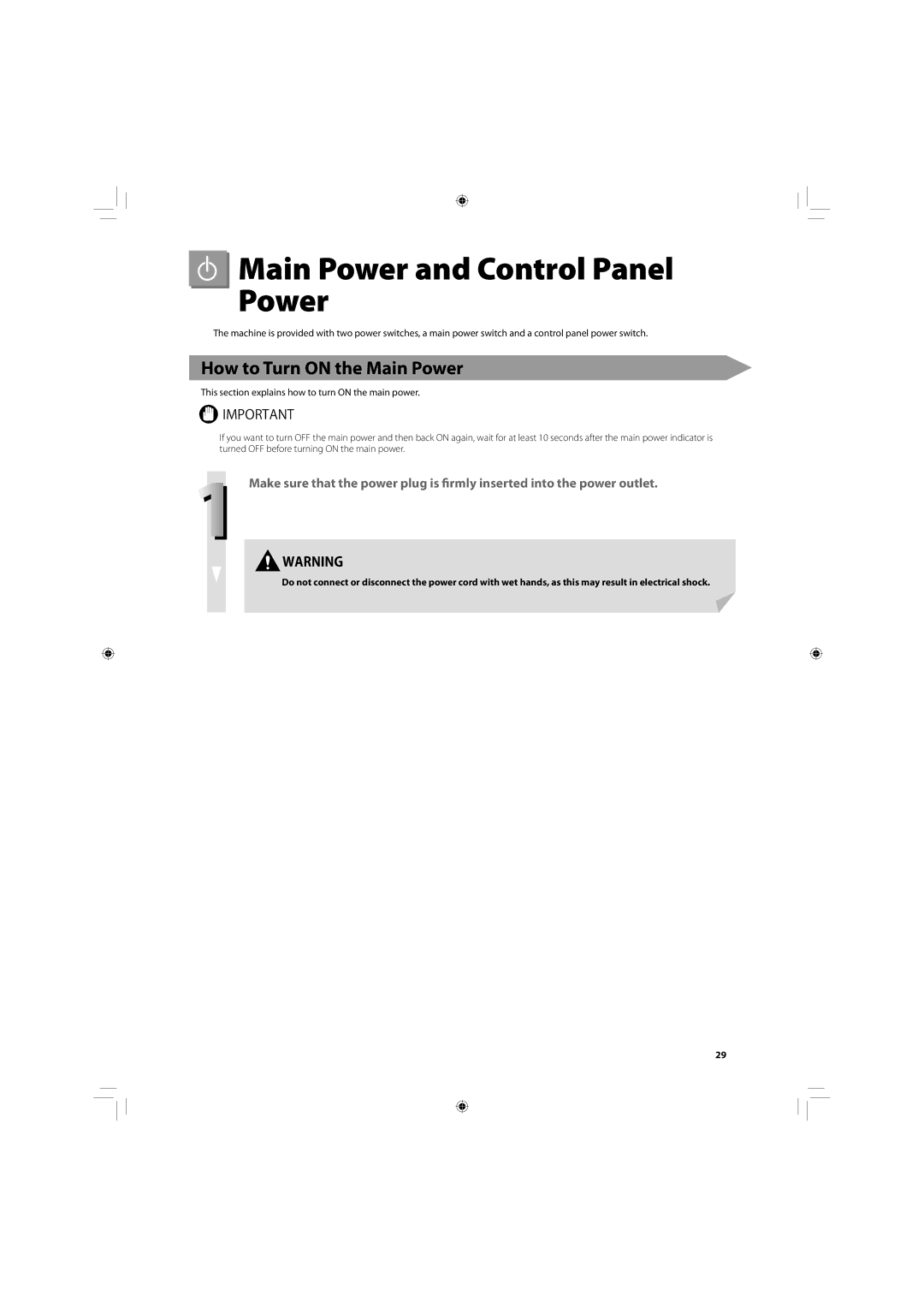 Canon C2030, C2020 manual Main Power and Control Panel Power, How to Turn on the Main Power 