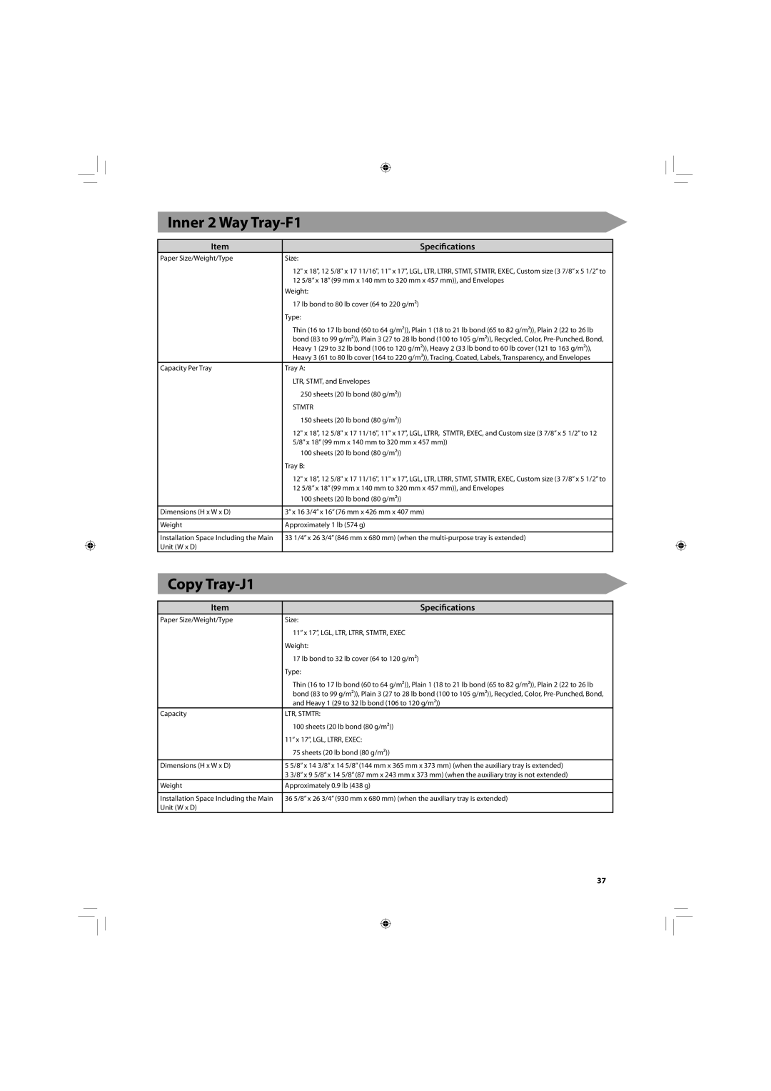 Canon C2030, C2020 manual Inner 2 Way Tray-F1, Copy Tray-J1, LTR, Stmtr 