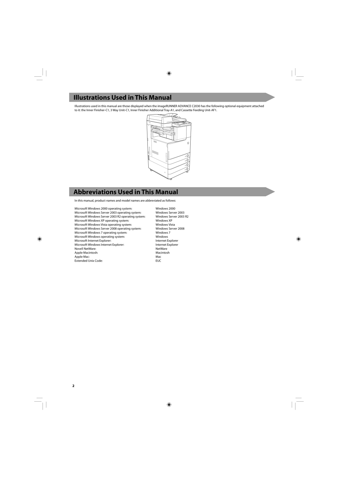 Canon C2020, C2030 manual Illustrations Used in This Manual, Abbreviations Used in This Manual, Euc 