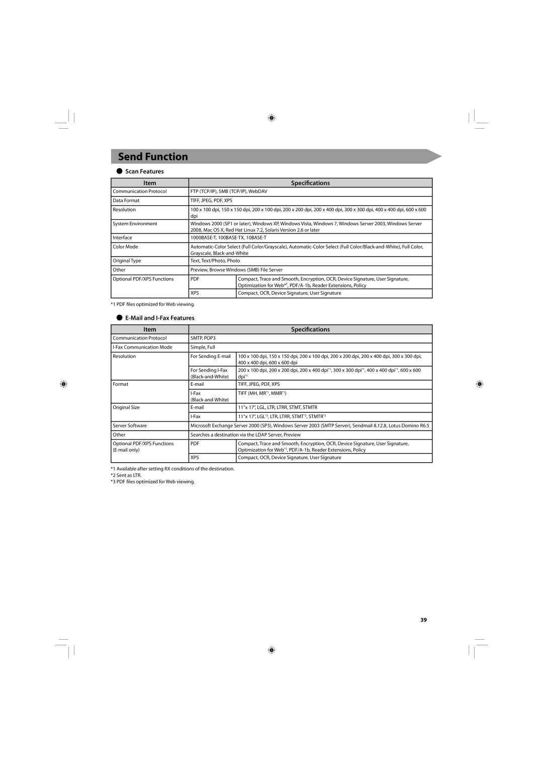 Canon C2030, C2020 Send Function, Scan Features Specifications, Mail and I-Fax Features Specifications, Xps, SMTP, POP3 