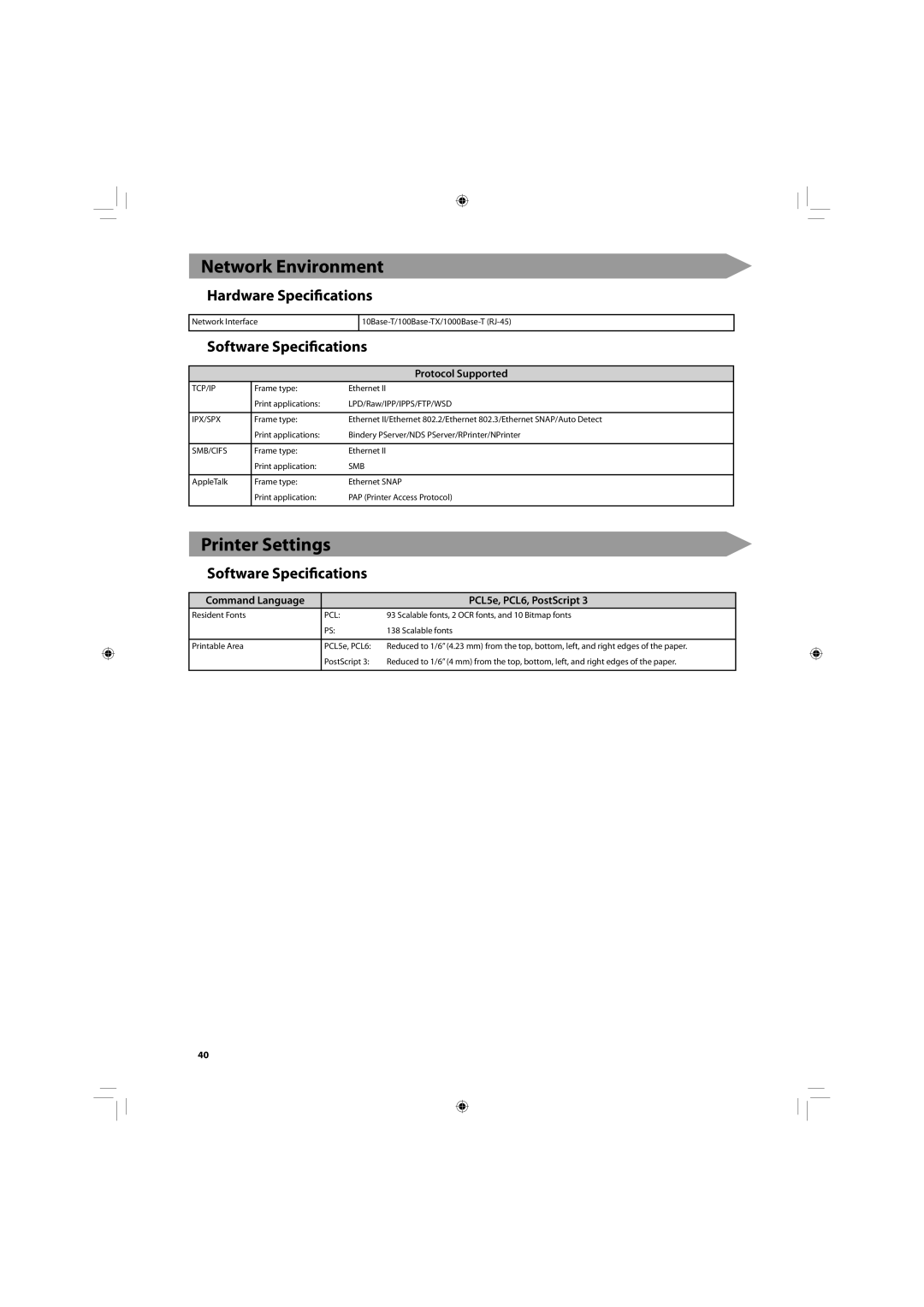 Canon C2020, C2030 Network Environment, Printer Settings, Protocol Supported, Command Language PCL5e, PCL6, PostScript 