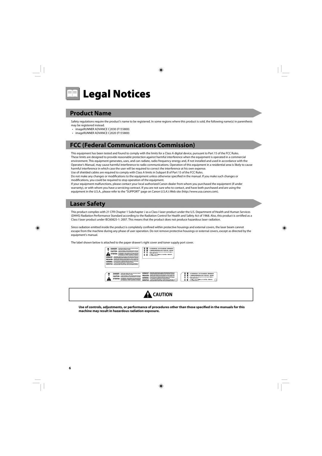 Canon C2020, C2030 manual Legal Notices, Product Name, FCC Federal Communications Commission, Laser Safety 