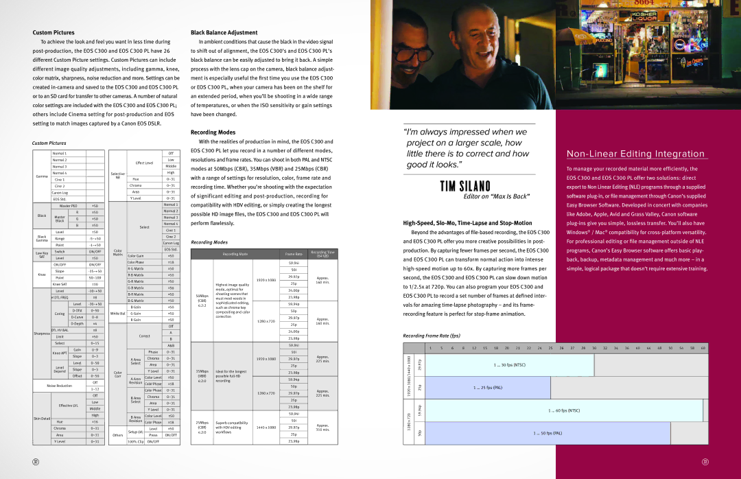 Canon C300 PL, 1D X Non-Linear Editing Integration, Custom Pictures, Black Balance Adjustment, Recording Modes 