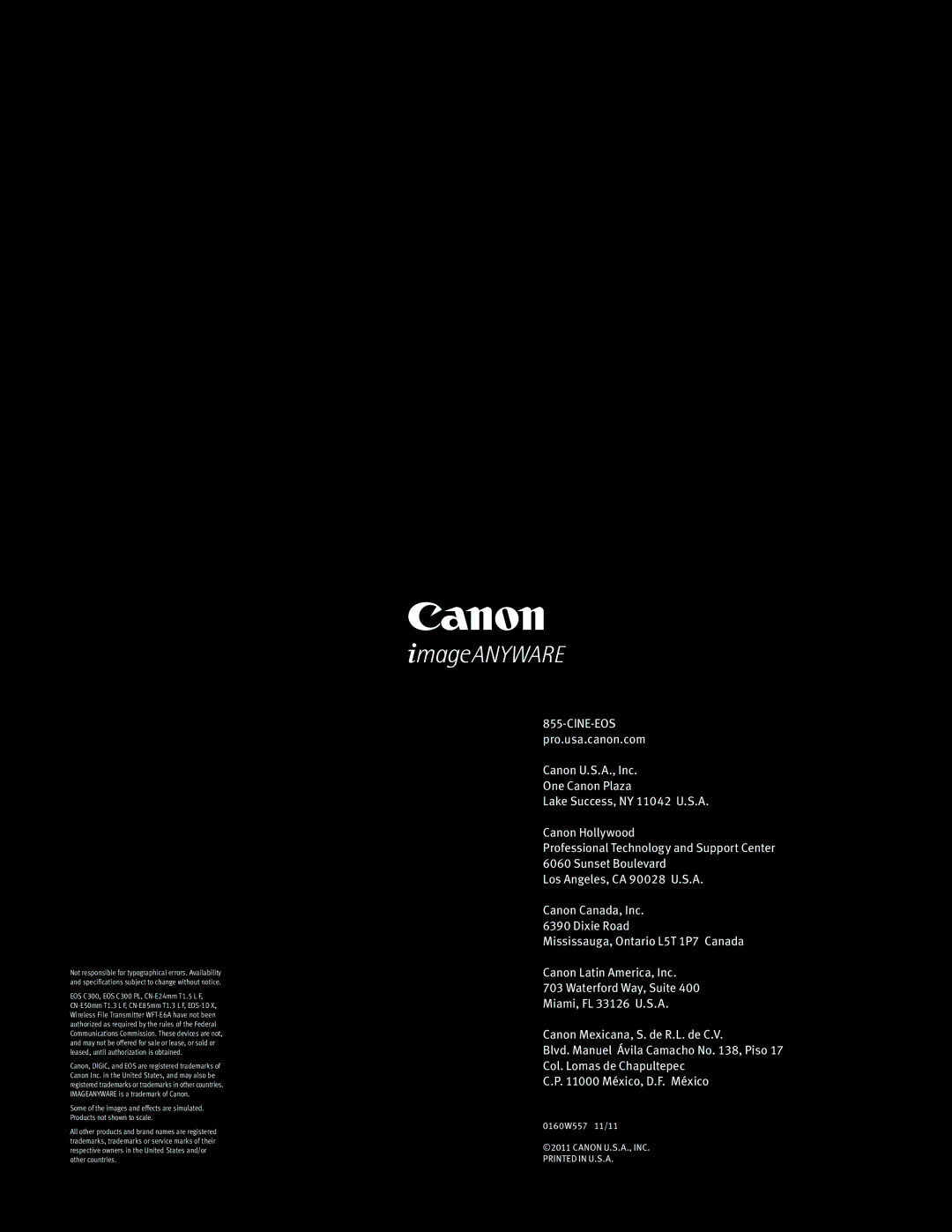 Canon C300 PL, 1D X specifications 0160W557 11/11 