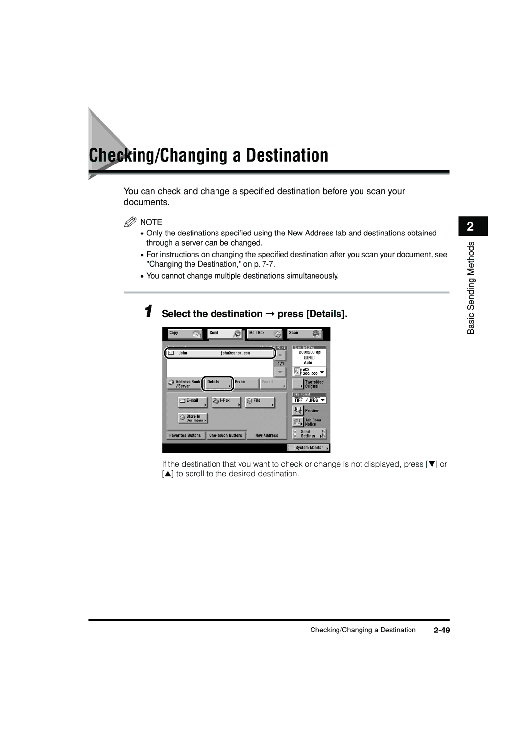 Canon C3200 manual Checking/Changing a Destination, Select the destination press Details 