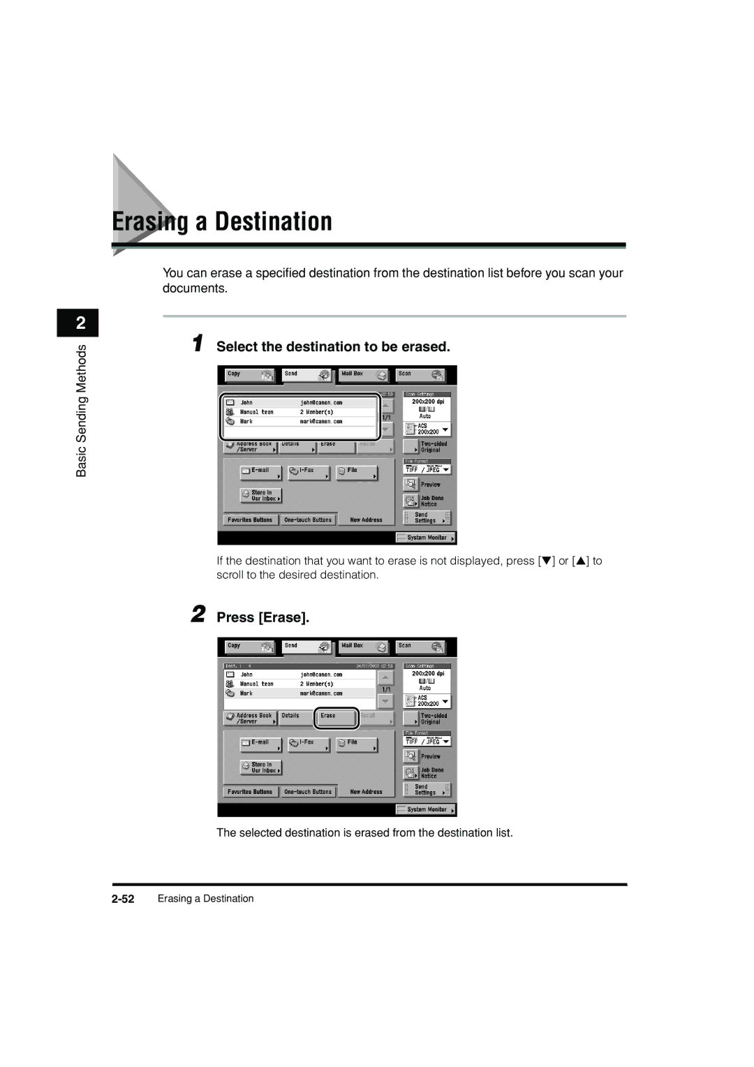 Canon C3200 manual Erasing a Destination, Select the destination to be erased, Press Erase 