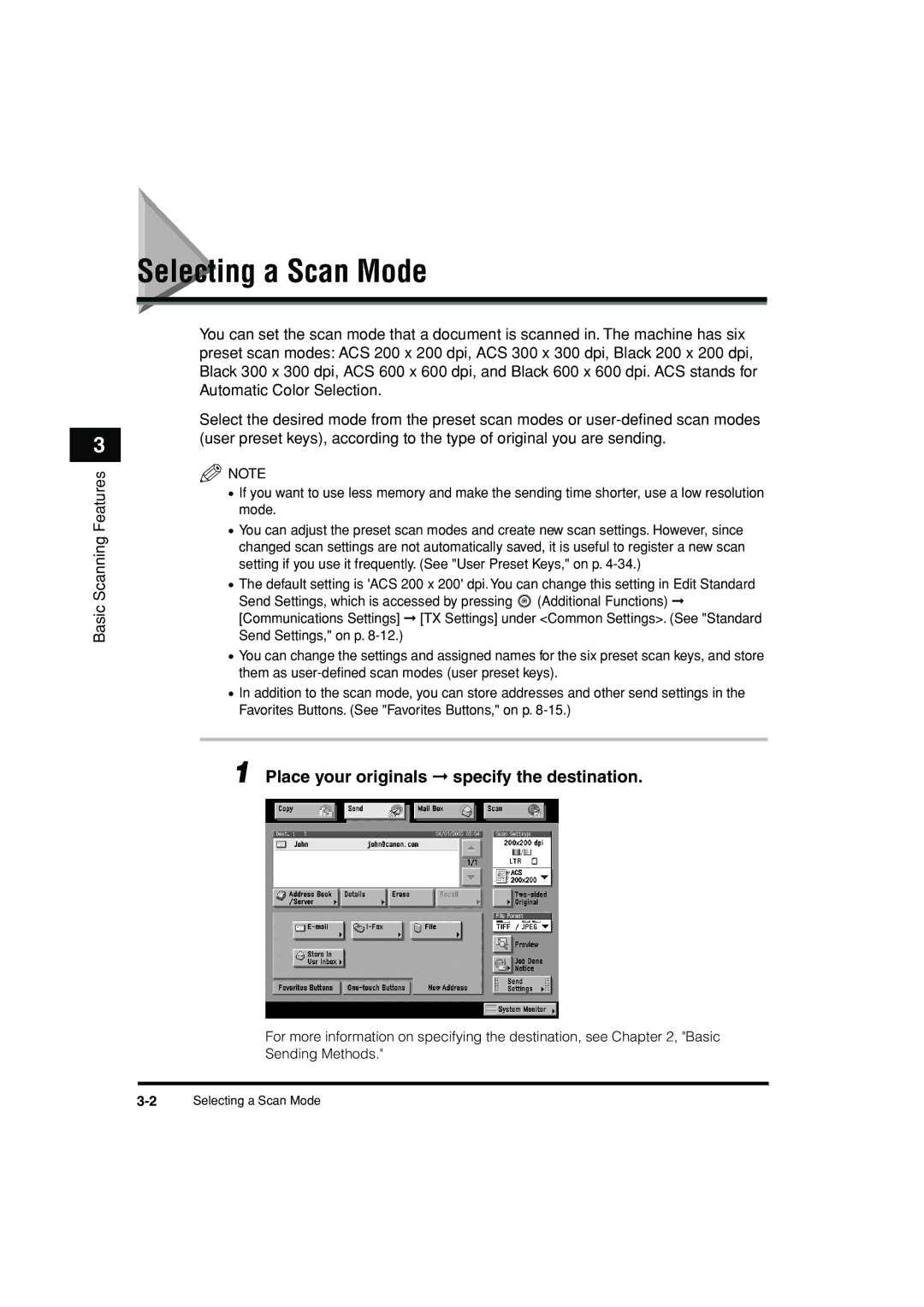 Canon C3200 manual Selecting a Scan Mode, Place your originals specify the destination 