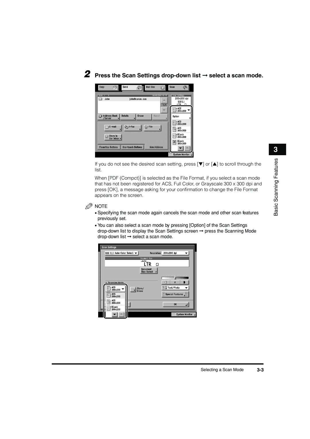 Canon C3200 manual Press the Scan Settings drop-down list select a scan mode 