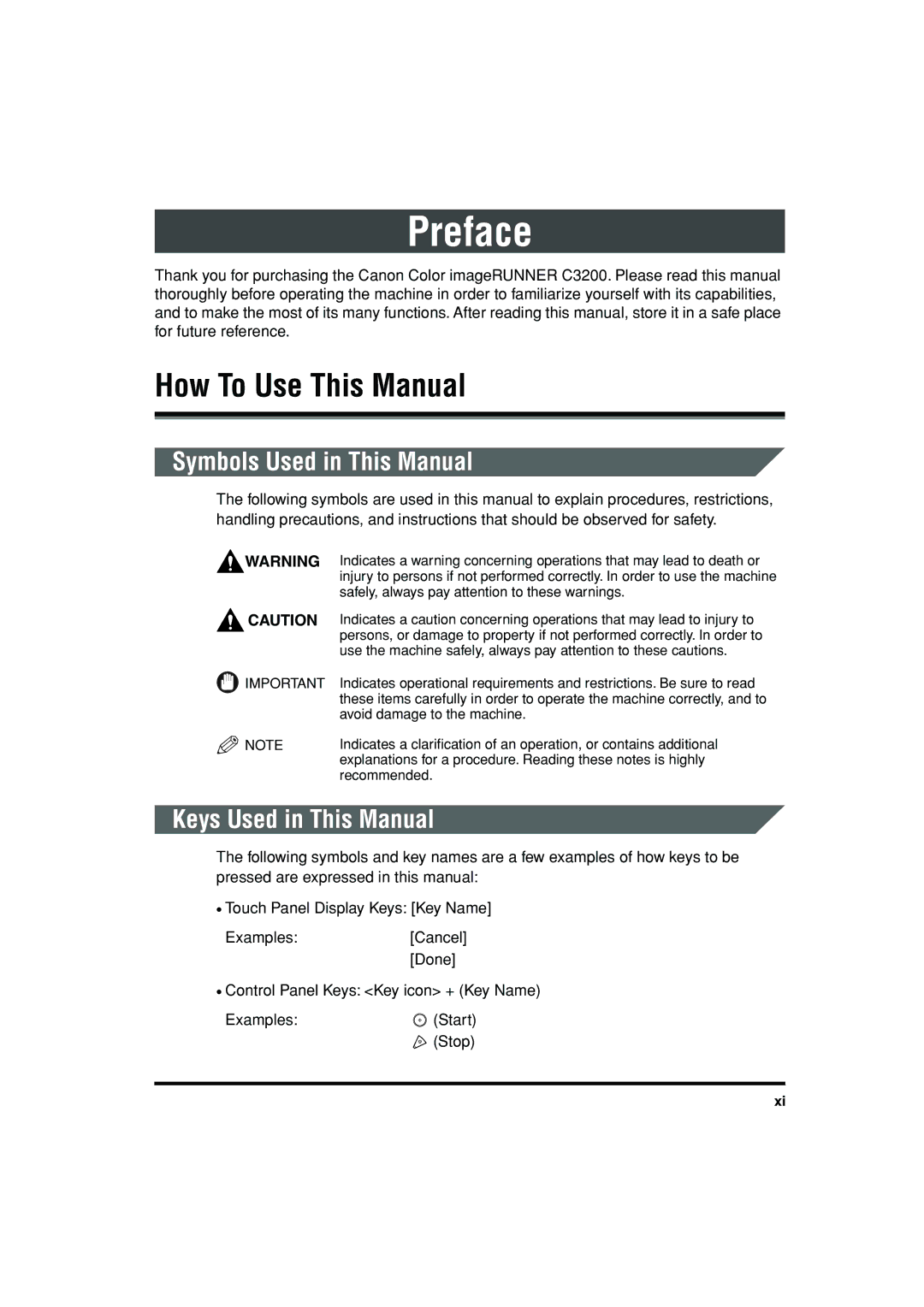 Canon C3200 manual How To Use This Manual, Symbols Used in This Manual, Keys Used in This Manual 