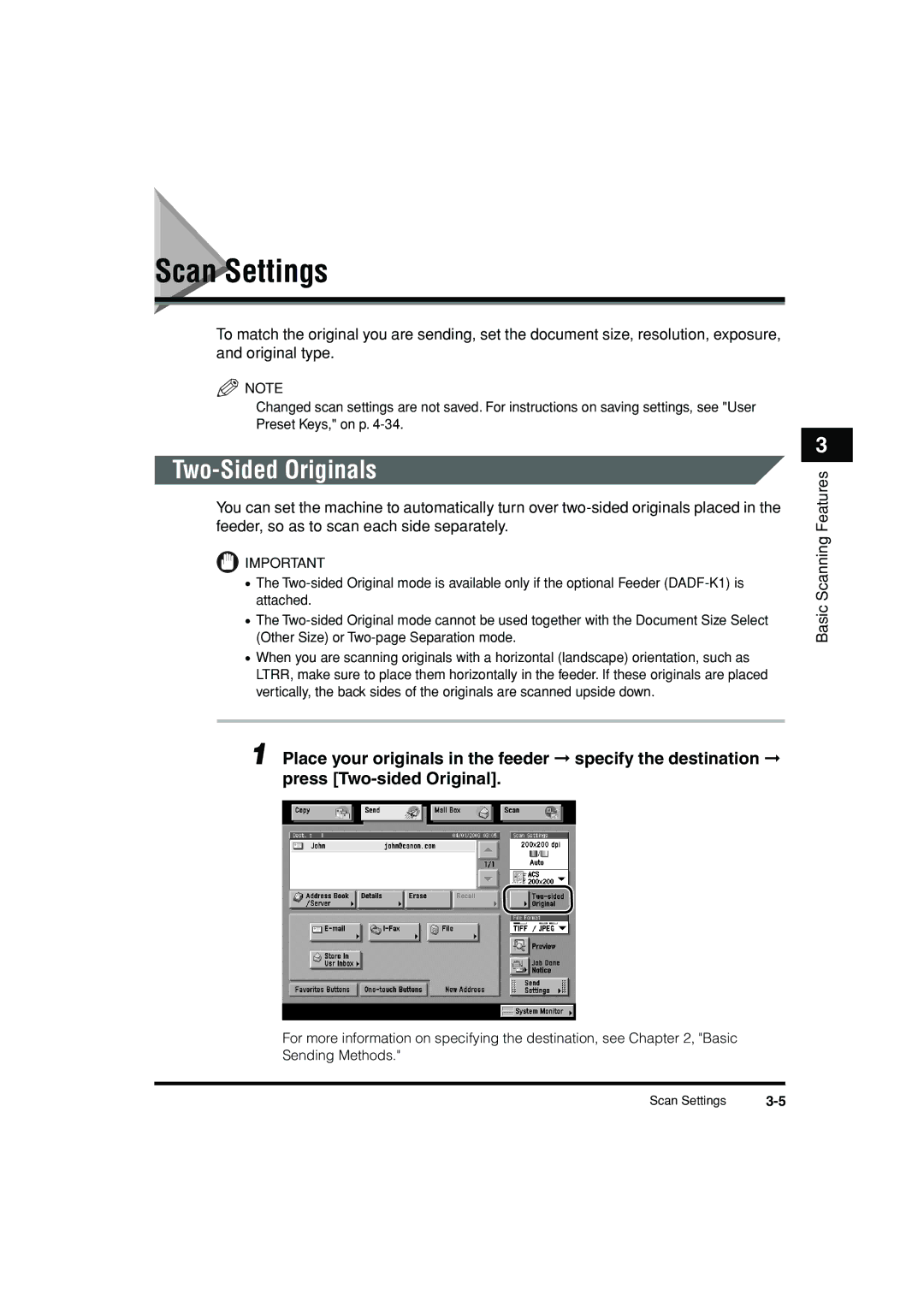 Canon C3200 manual Scan Settings, Two-Sided Originals 