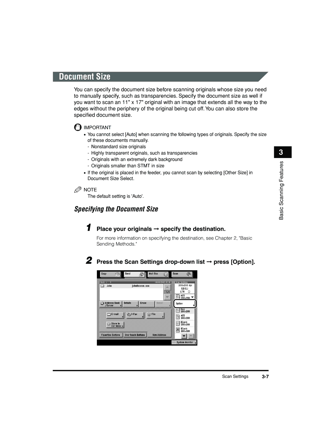 Canon C3200 manual Document Size, Press the Scan Settings drop-down list press Option 