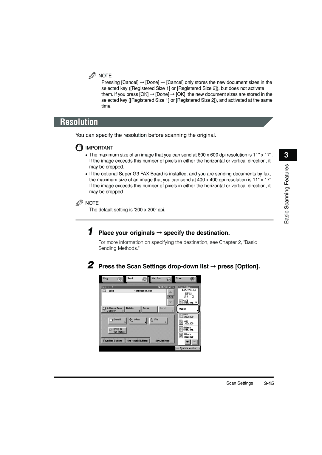 Canon C3200 manual Resolution, You can specify the resolution before scanning the original 