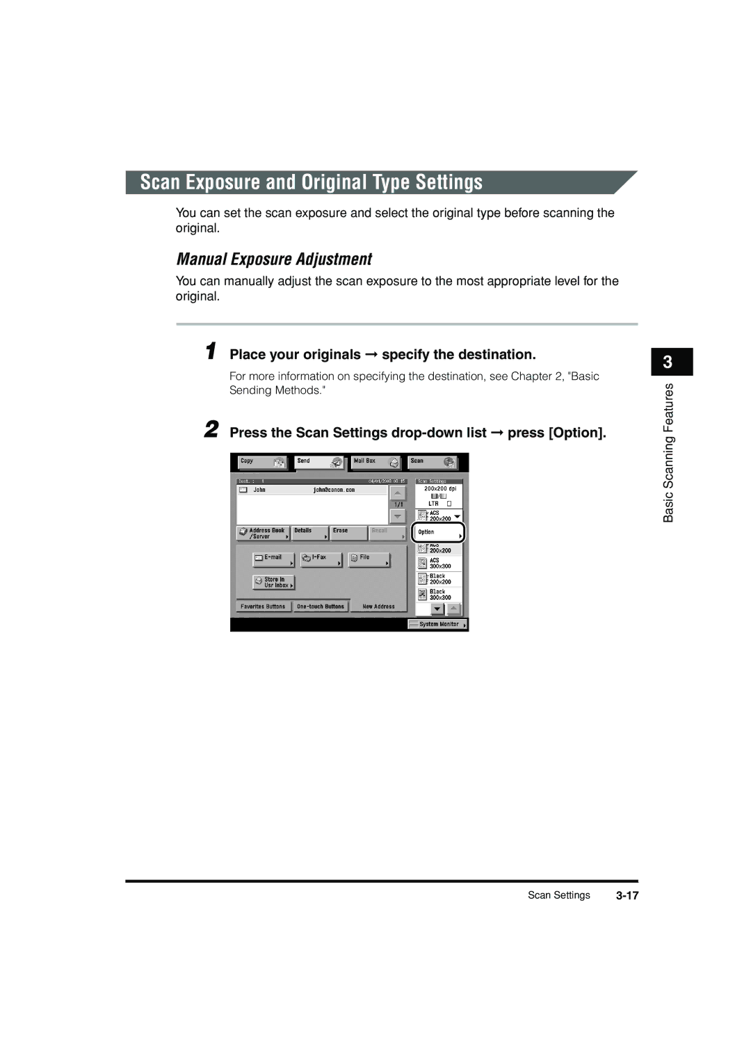 Canon C3200 manual Scan Exposure and Original Type Settings, Manual Exposure Adjustment 