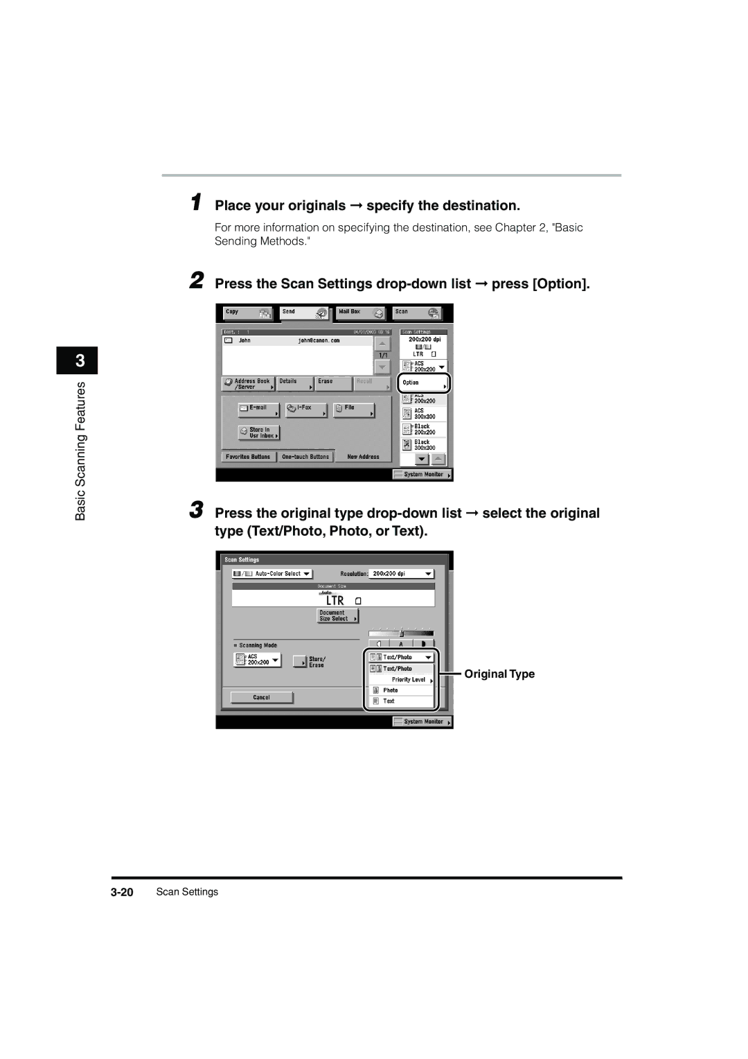 Canon C3200 manual Place your originals specify the destination, Original Type 