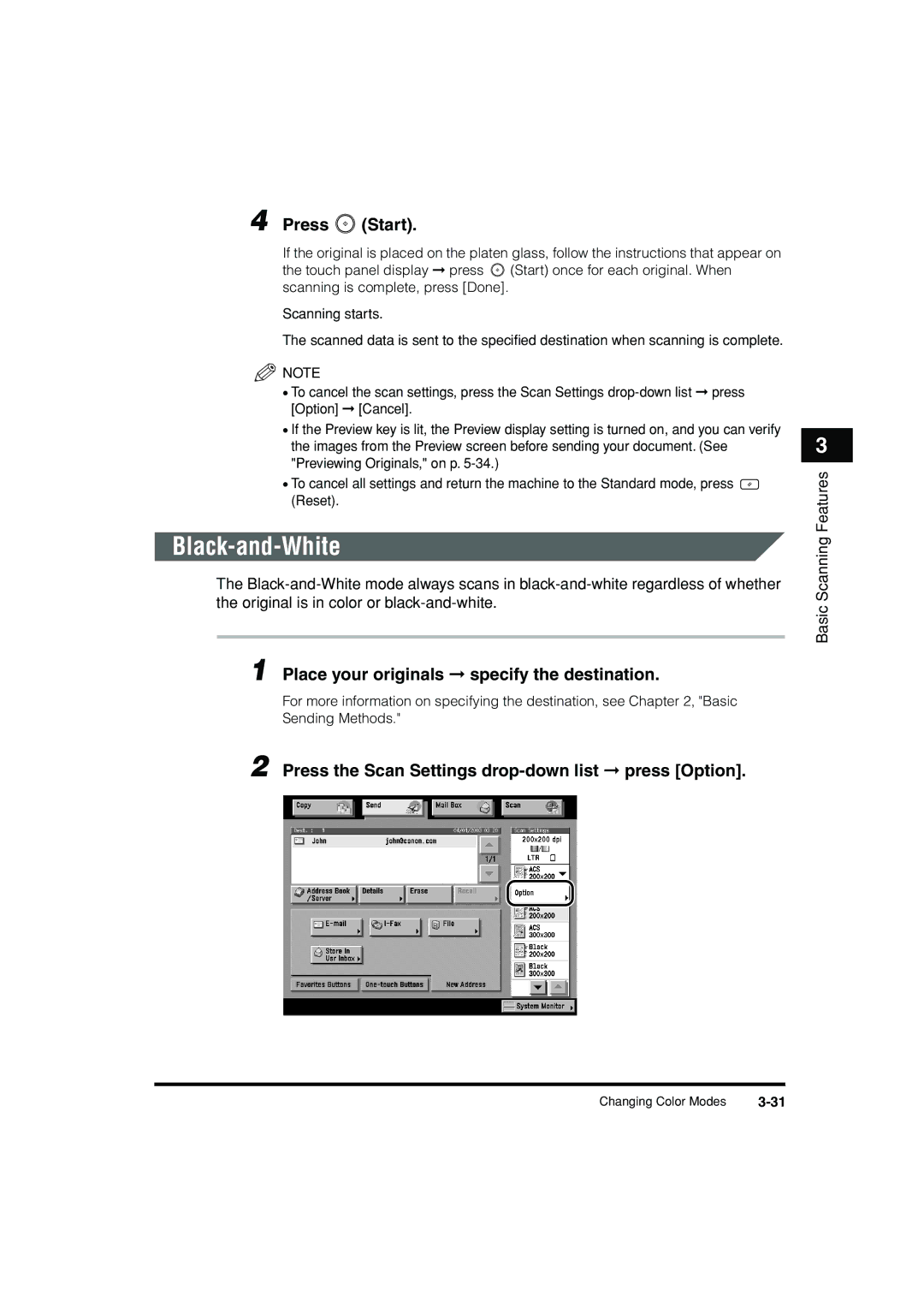 Canon C3200 manual Black-and-White, Press the Scan Settings drop-down list press Option 