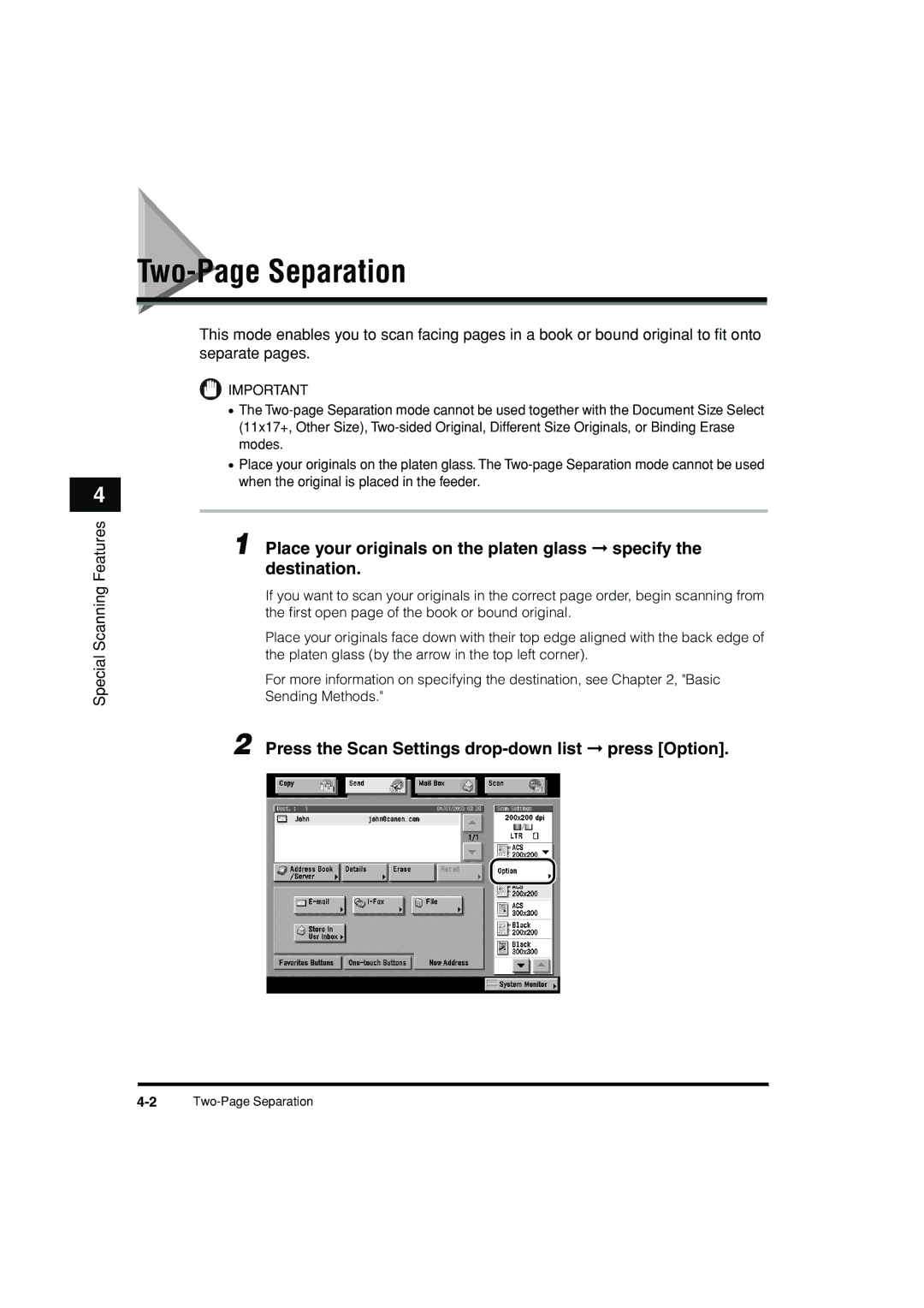 Canon C3200 manual Two-Page Separation, Press the Scan Settings drop-down list press Option 