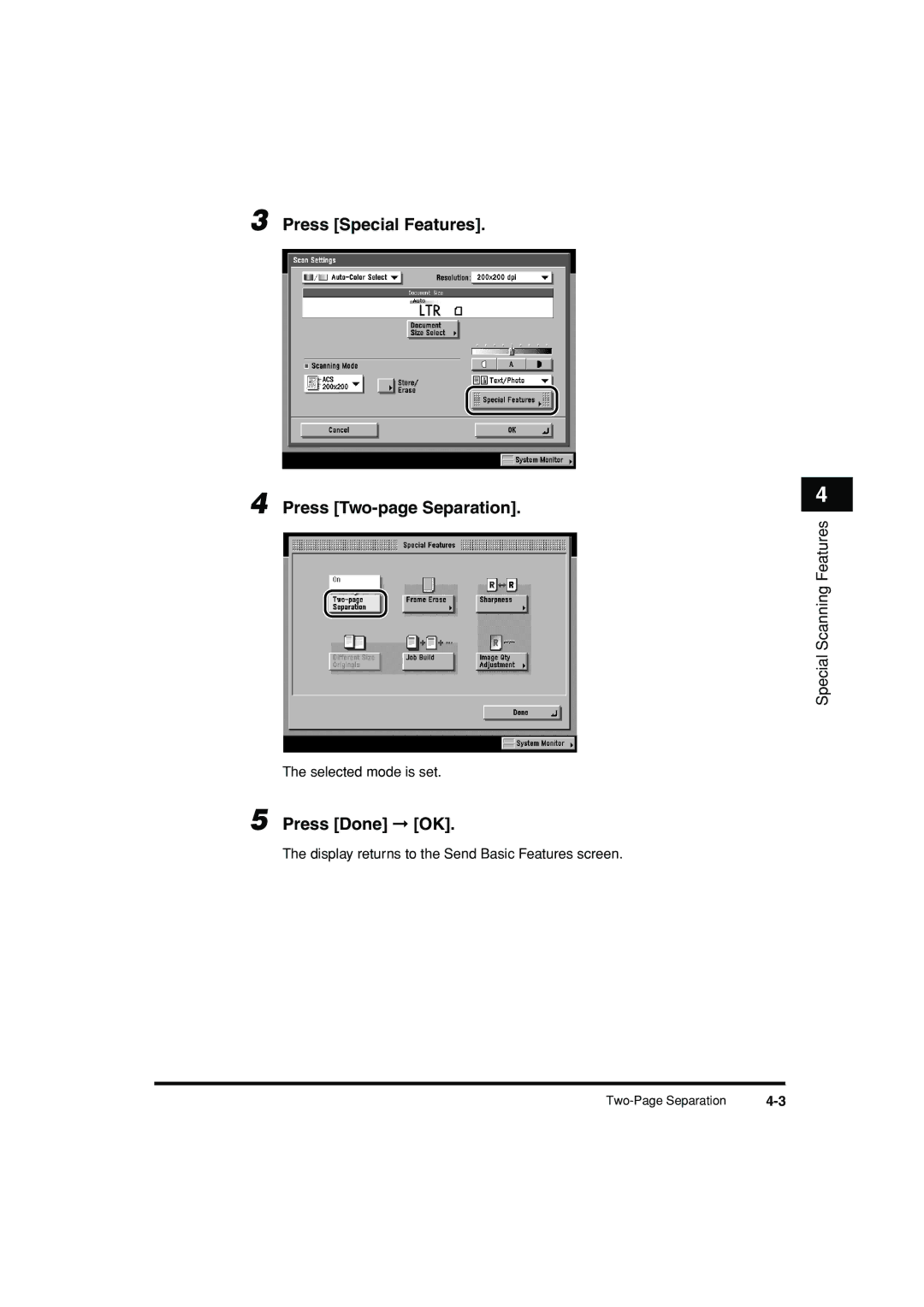 Canon C3200 manual Press Special Features Press Two-page Separation, Press Done OK 