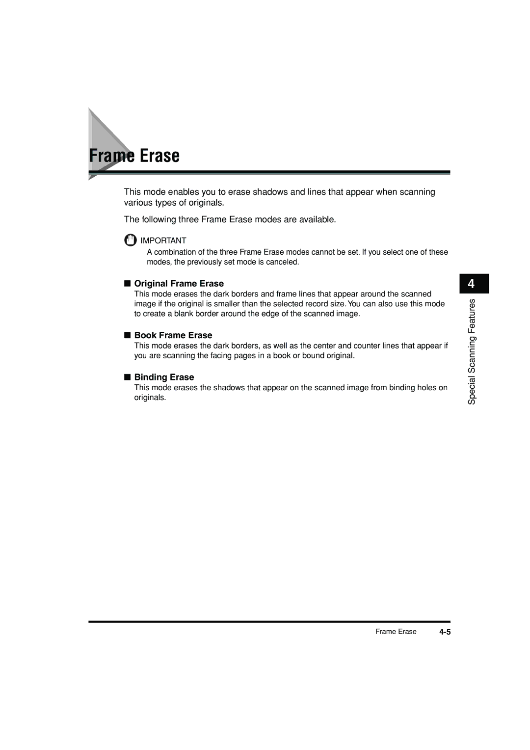 Canon C3200 manual Original Frame Erase, Book Frame Erase, Binding Erase 