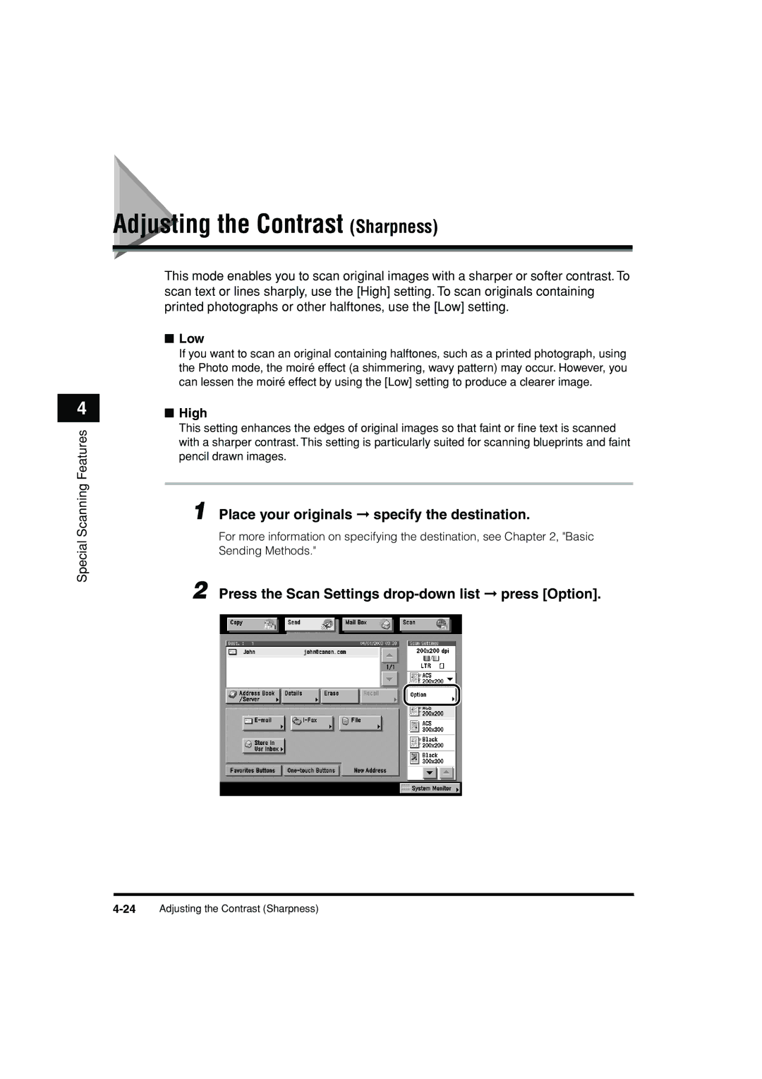 Canon C3200 manual Adjusting the Contrast Sharpness, Low, High 