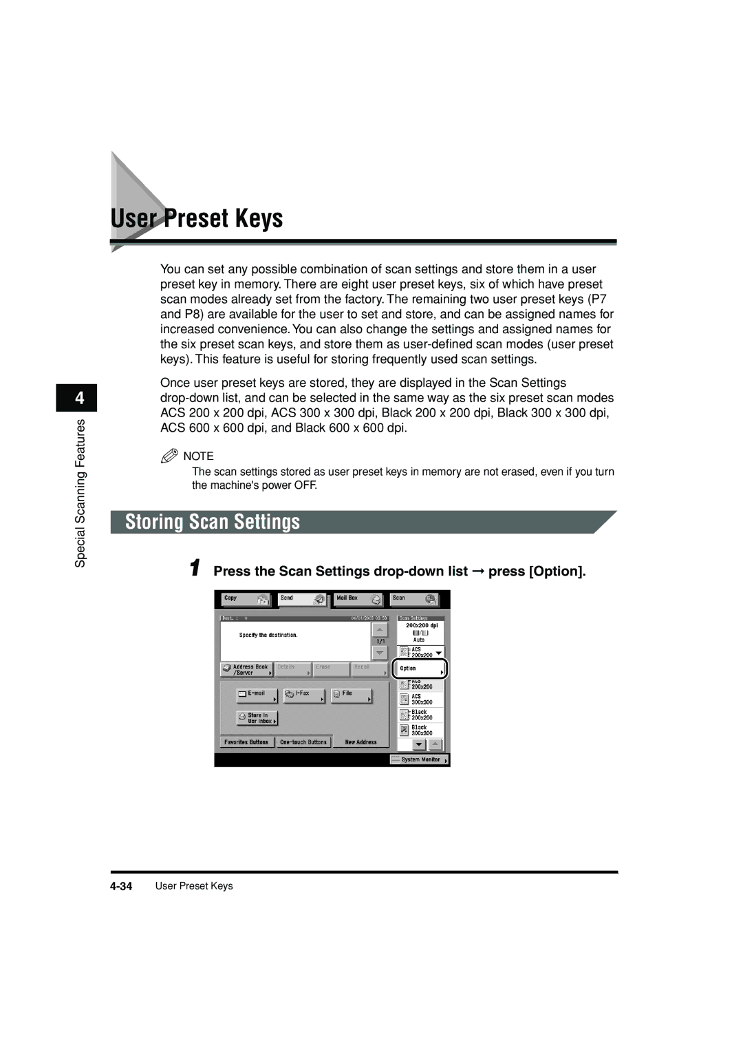 Canon C3200 manual User Preset Keys, Storing Scan Settings 