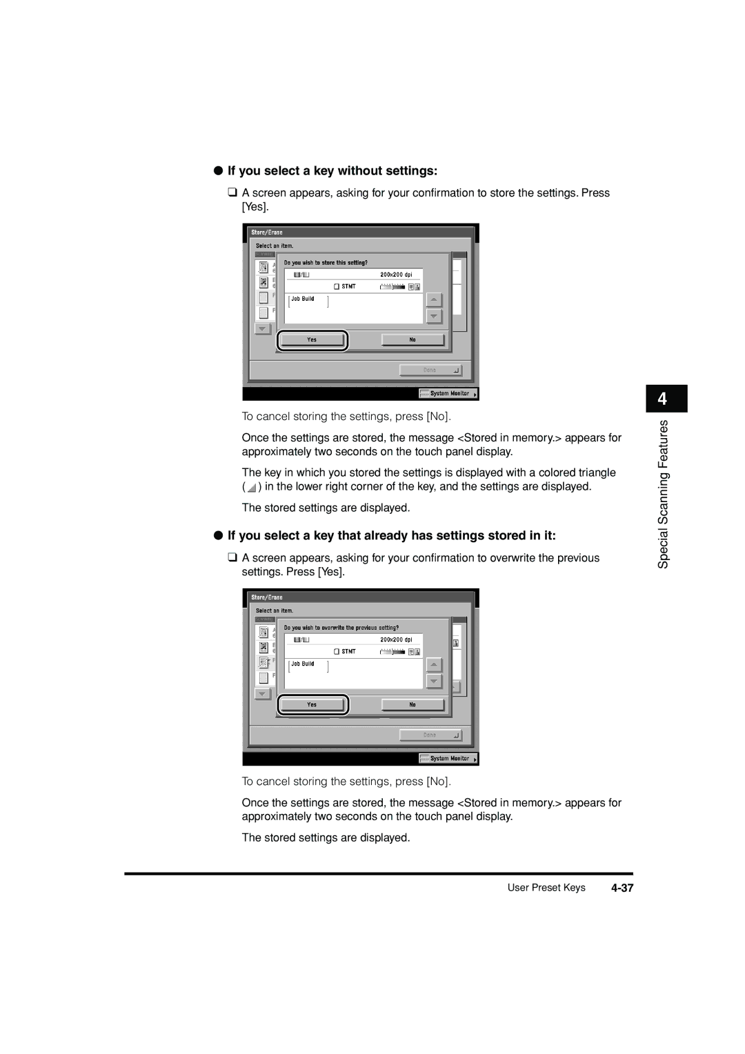 Canon C3200 manual If you select a key without settings, If you select a key that already has settings stored in it 