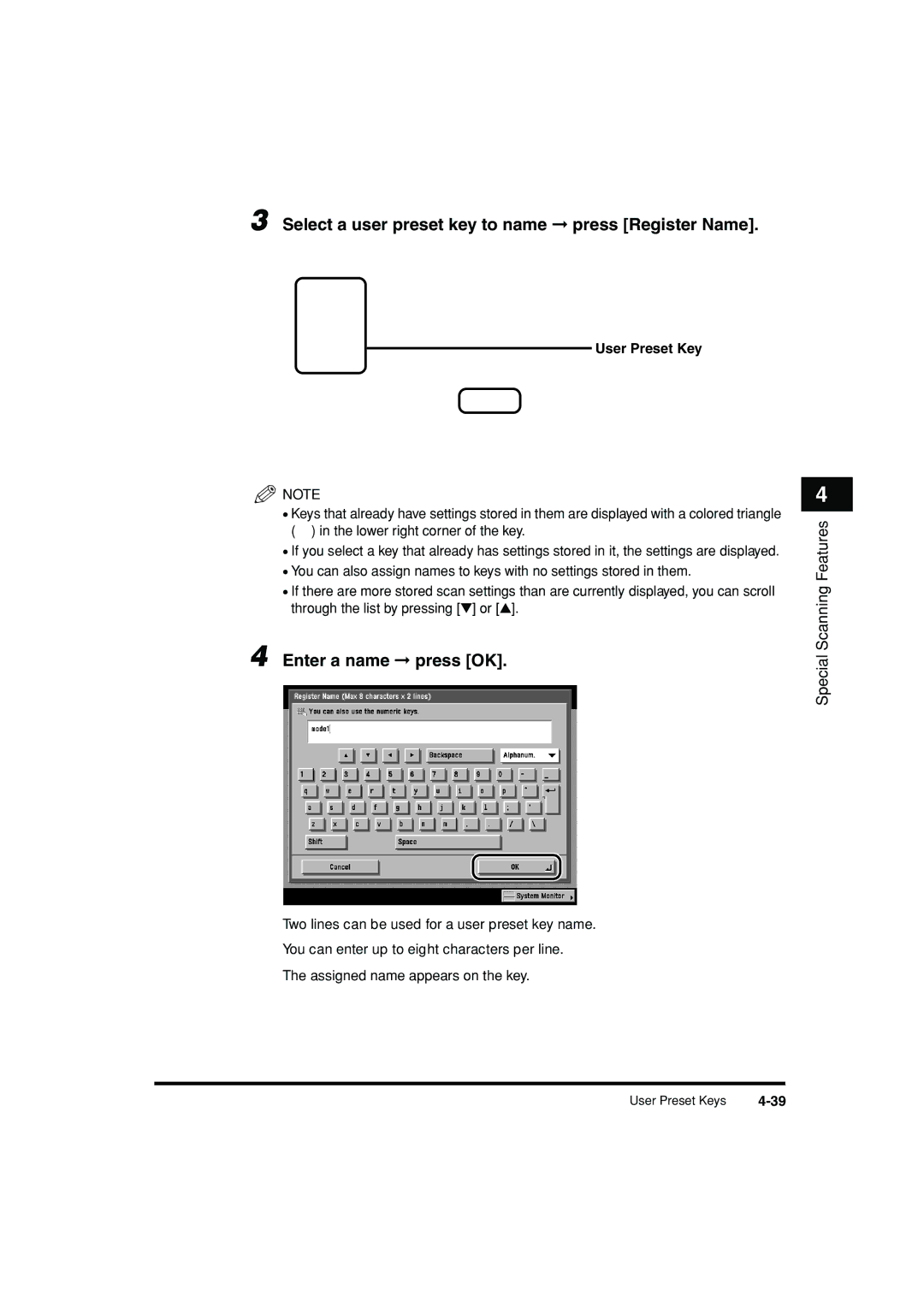 Canon C3200 manual Select a user preset key to name press Register Name, User Preset Key 