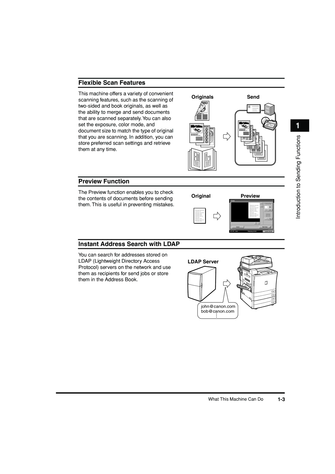 Canon C3200 manual Flexible Scan Features, Preview Function, Instant Address Search with Ldap, Originals Send 