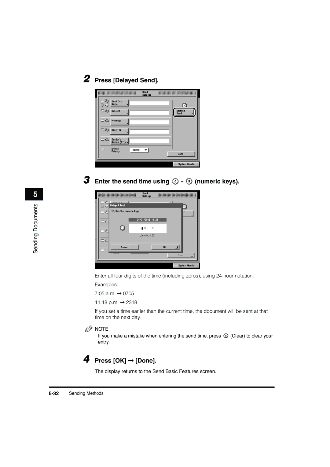 Canon C3200 manual Press Delayed Send Enter the send time using numeric keys, Press OK Done 