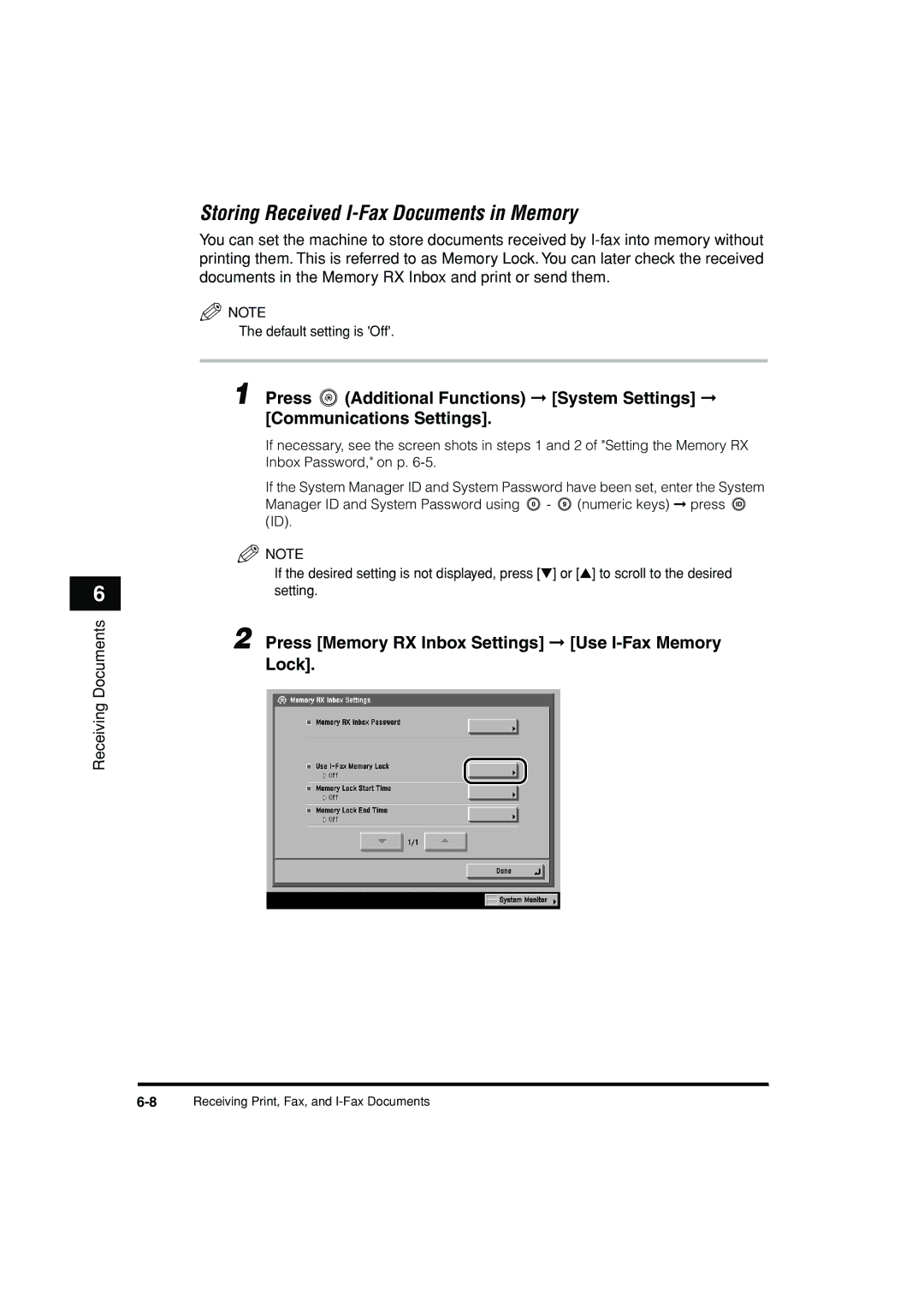 Canon C3200 manual Storing Received I-Fax Documents in Memory, Press Memory RX Inbox Settings Use I-Fax Memory Lock 