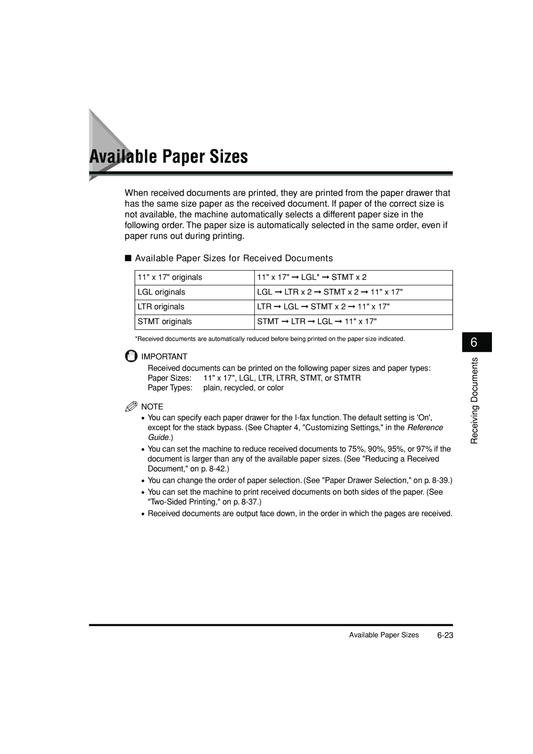 Canon C3200 manual Available Paper Sizes for Received Documents 