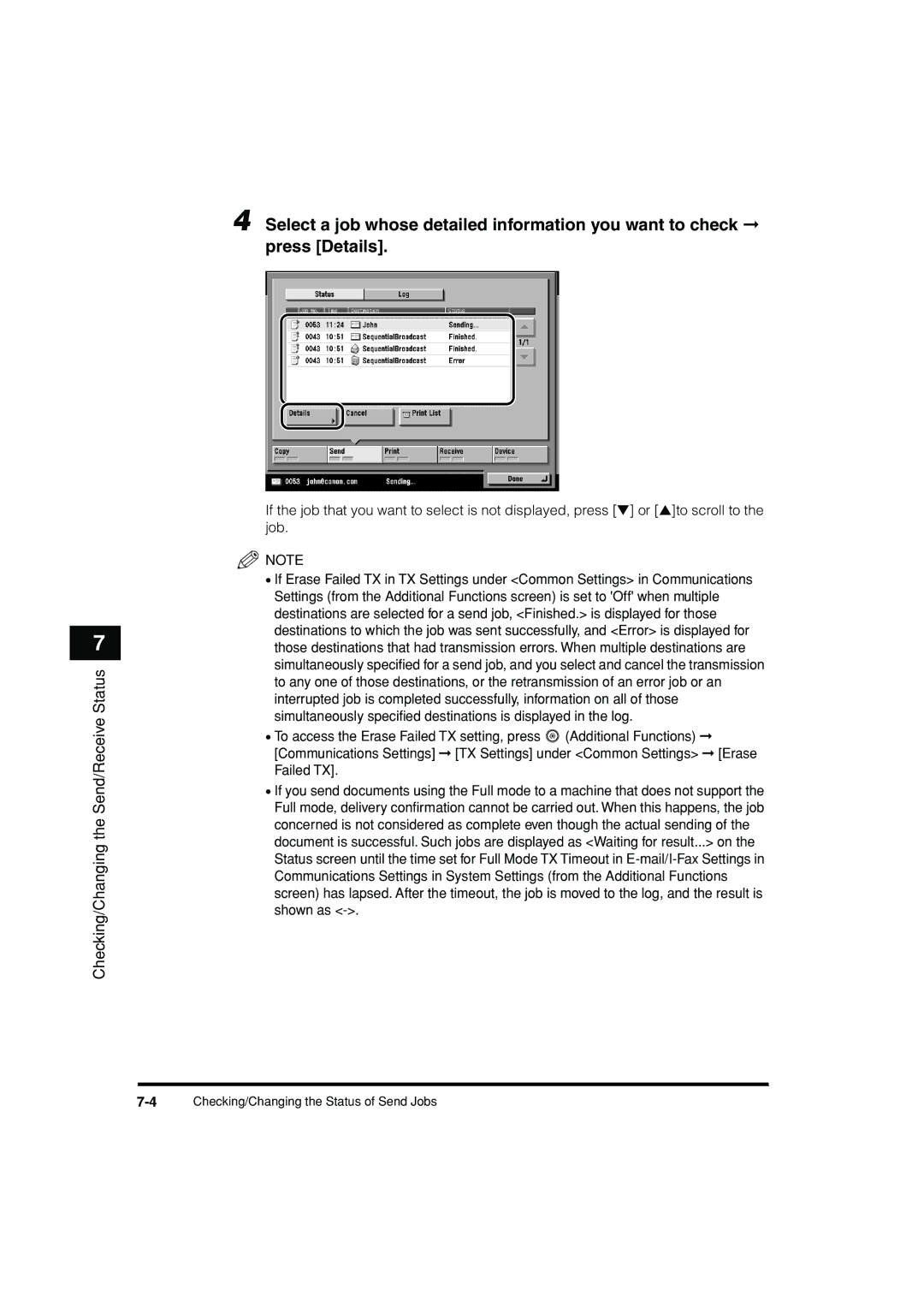 Canon C3200 manual 4Checking/Changing the Status of Send Jobs 